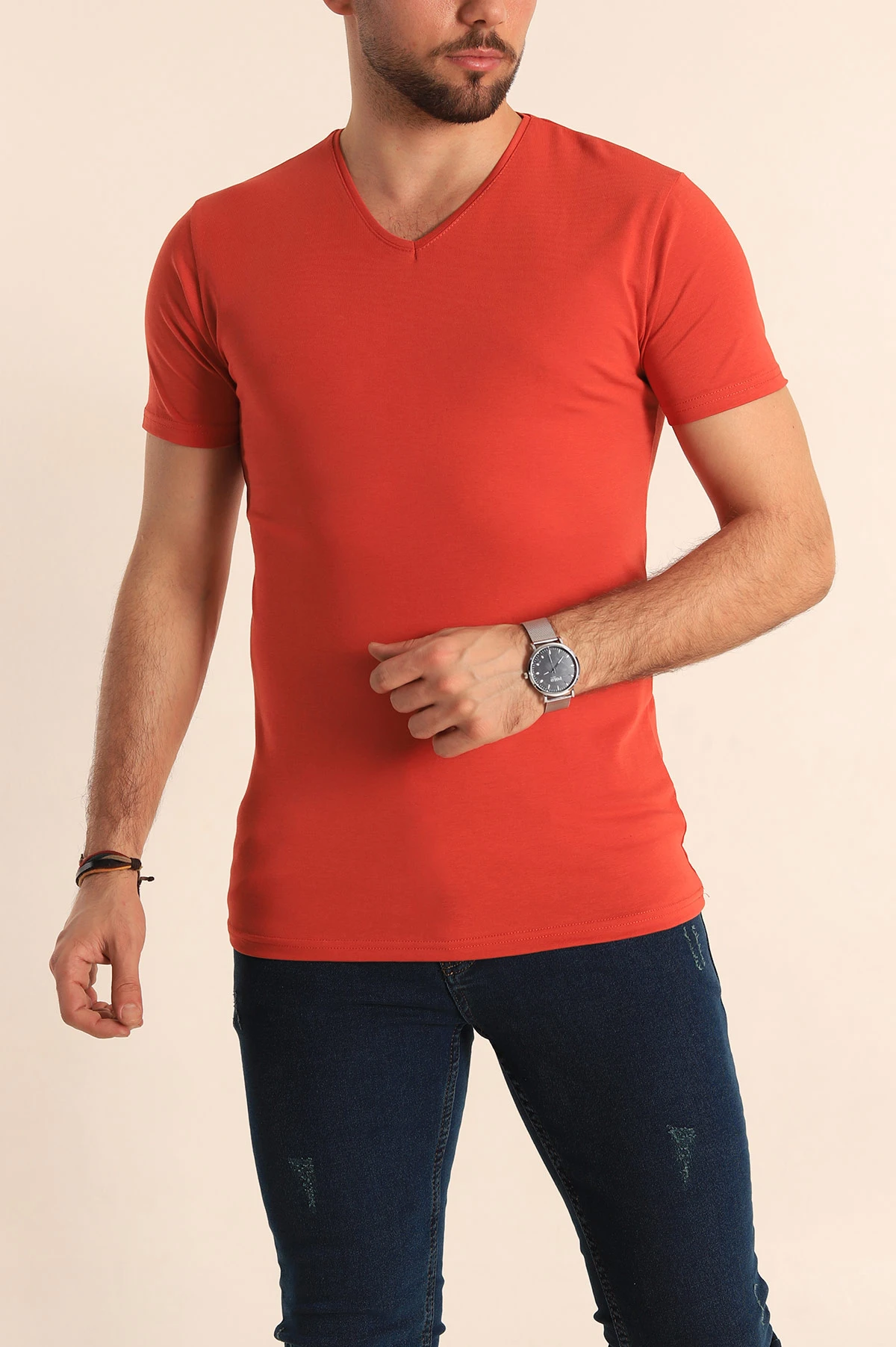 Kiremit V Yaka Basic Erkek Tişört 172974