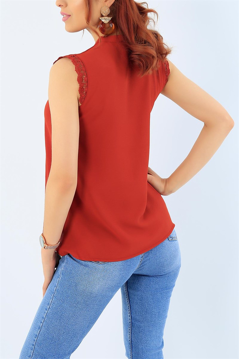 Kiremit V Yaka Dantel Detay Bluz 33981