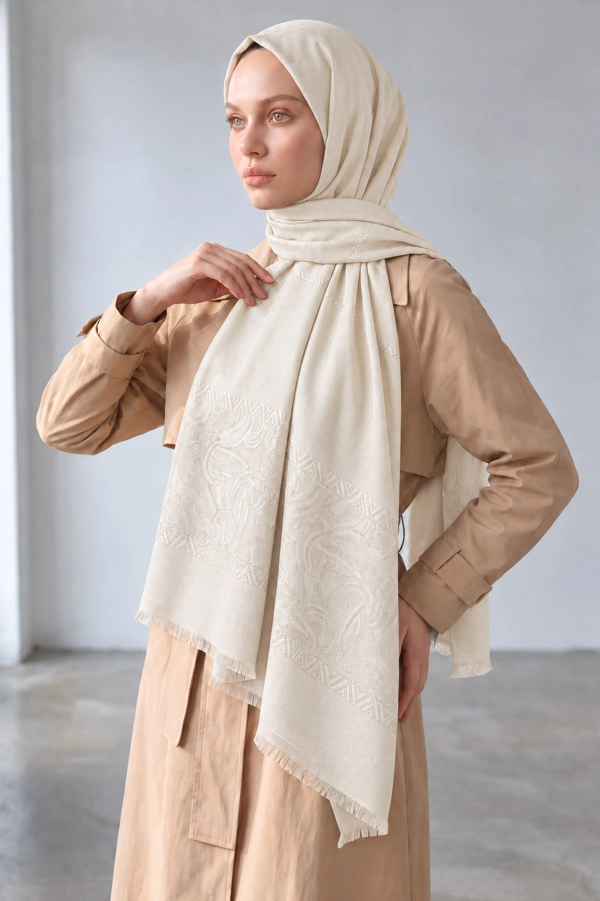 Kırık Beyaz 70x180 Cm Elara Premium Jakarlı Pamuk Şal 494283