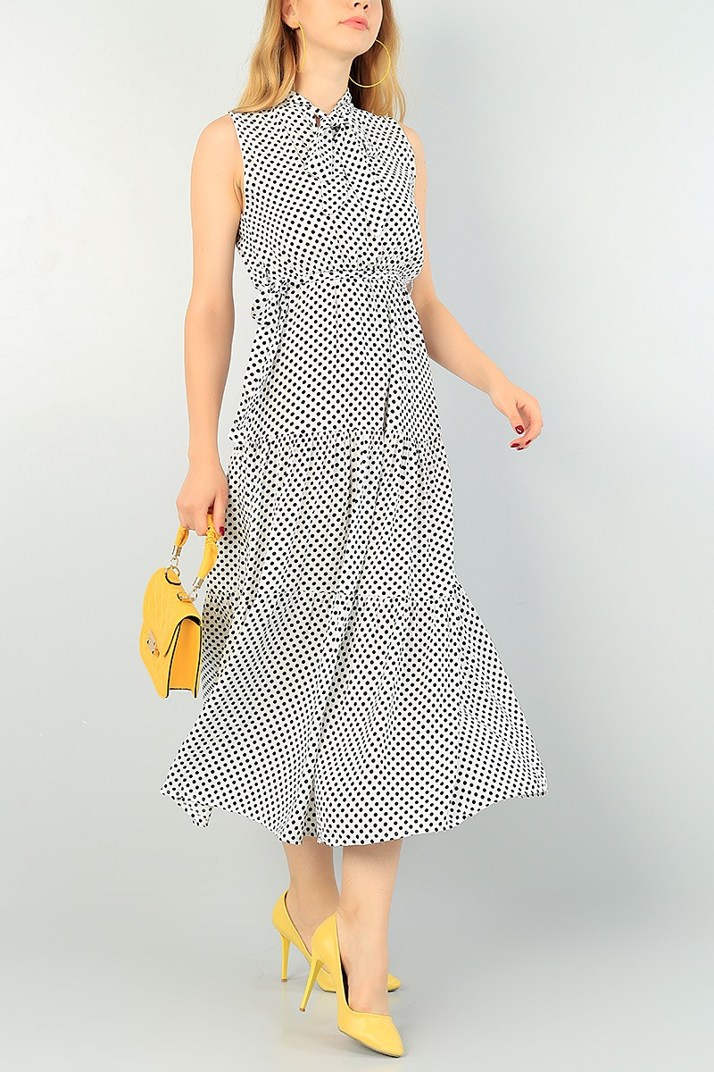 Kırık Beyaz Bağlamalı Yaka Dokuma Elbise 72773
