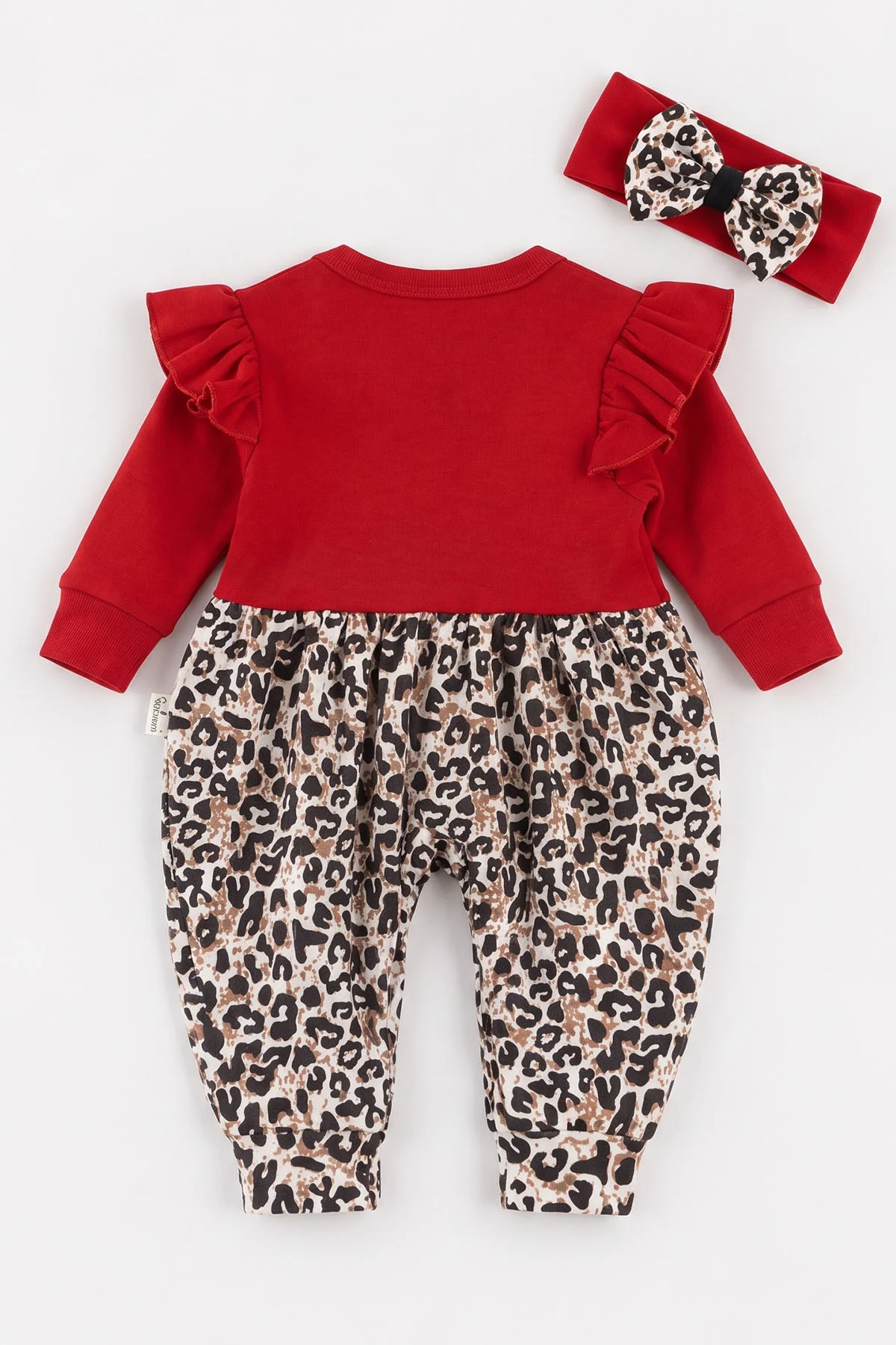 Kırmızı (0-9 Ay)Fiyonklu Leopar Desen Kalp Nakışlı Omuzdan Fırfırlı ve Bandanalı Kız Bebek Tulum 475998