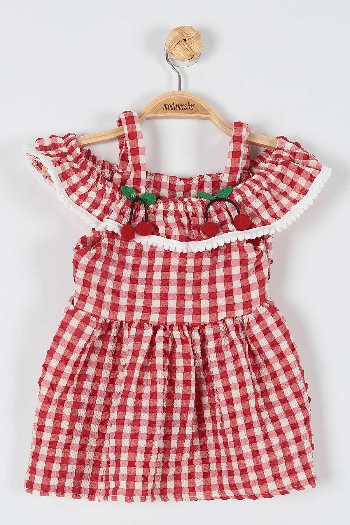 Kırmızı (1-3 Yaş) Kiraz Motifli Kareli Askılı Kız Çocuk Elbise 181122