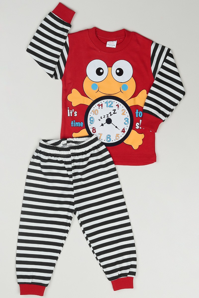 Kırmızı (1-3 Yaş) Saatli Kurbağa Baskılı Çocuk Pijama Takımı 86612