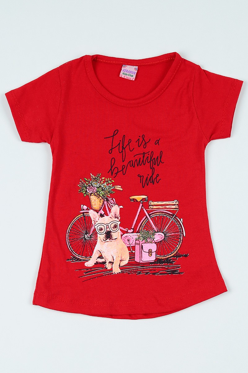 Kırmızı (1-6 yaş) Bisiklet Baskılı Kız Çocuk Tişört 107011