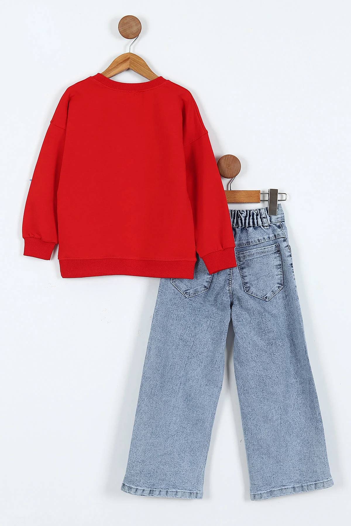 Kırmızı (1-9 Yaş)Nakışlı Kot Pantolonlu 2 İp Kız Çocuk Takım 413485