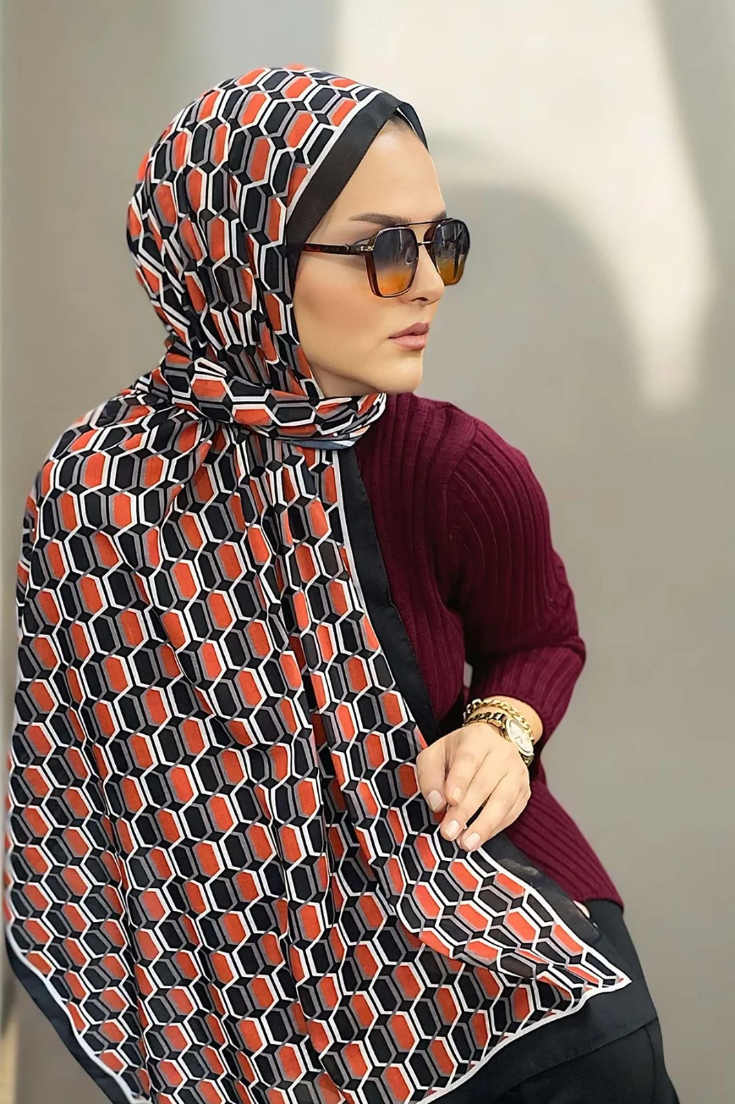 Kırmızı 180X70 cm Dijital Baskı Chaıne Desenli Pamuk Şal 333218