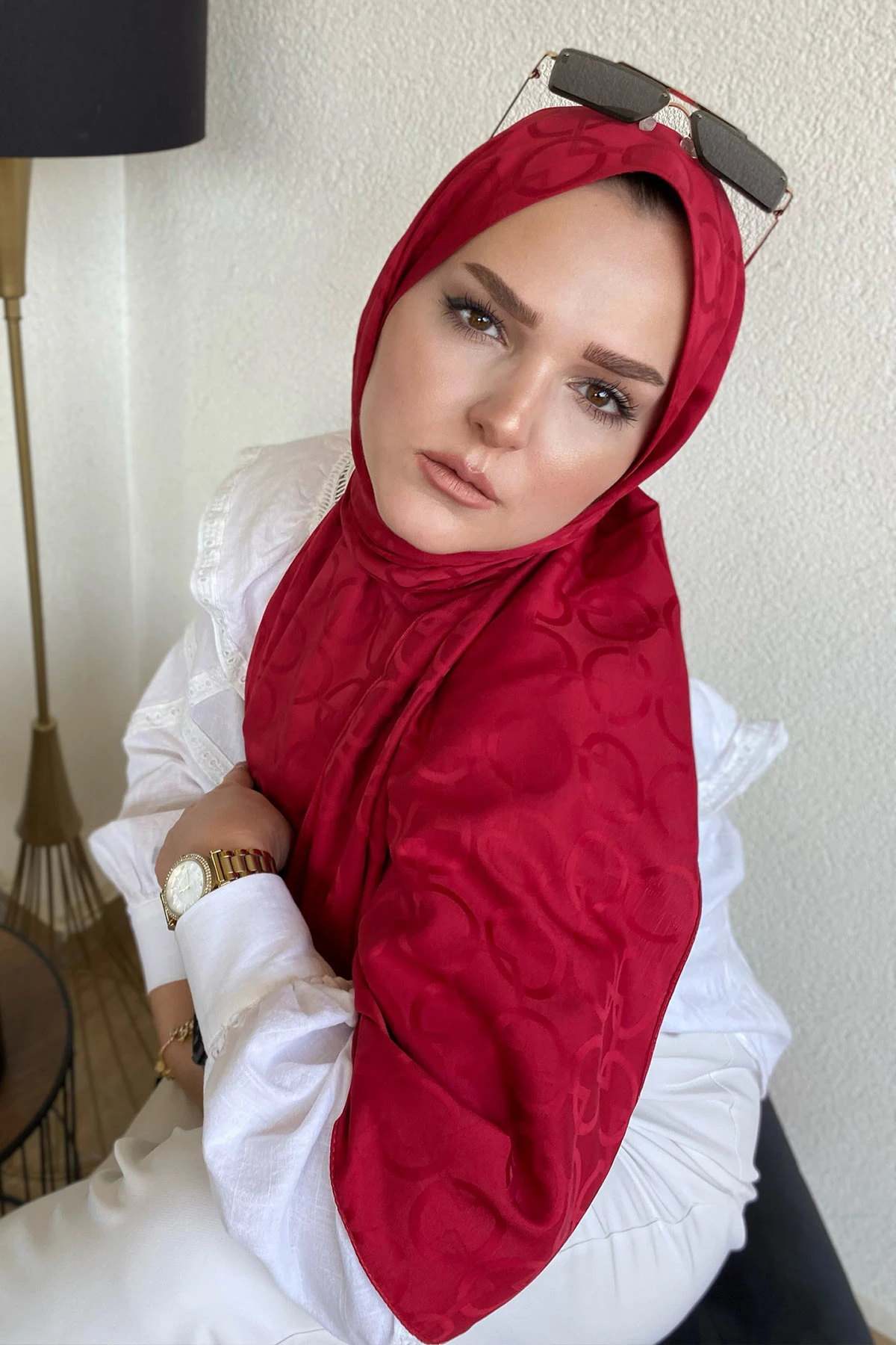 Kırmızı 180x70 Jakar İpeksi Karo Desen Şal 270899