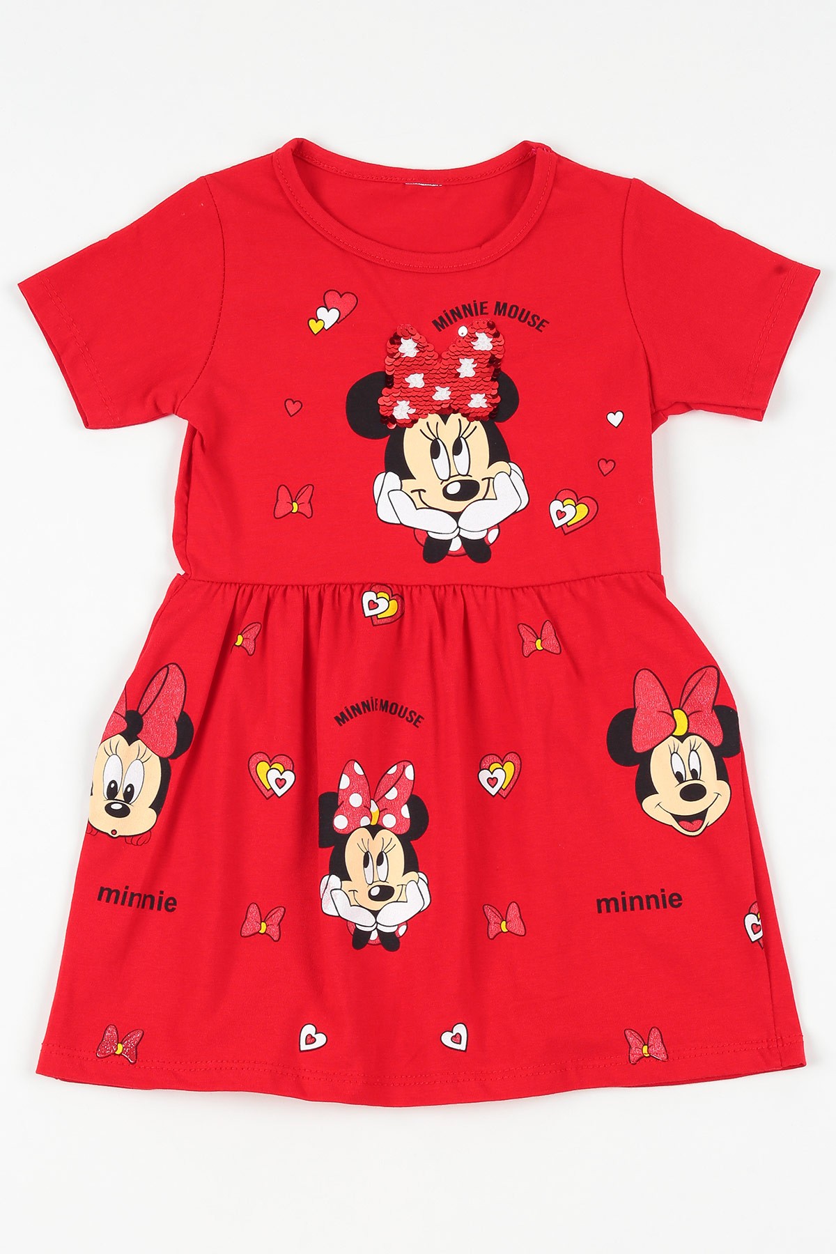 Kırmızı (2-10 yaş) Minnie Mouse Kalpli Kız Çocuk Elbise 108654