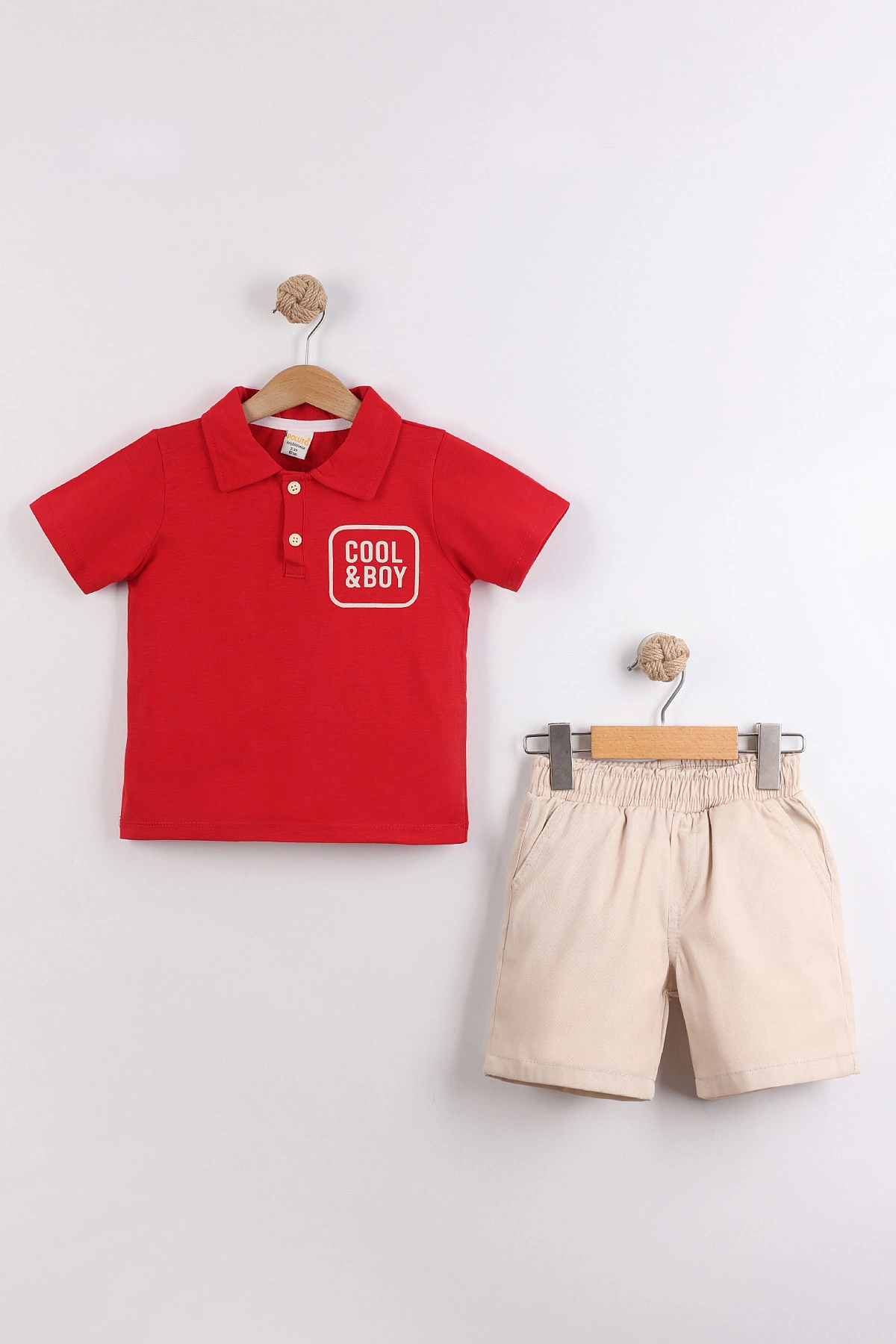 Kırmızı (2-10  Yaş) Polo Yaka Cool Boy Baskılı Tişörtlü Gabardin Şortlu Erkek Çocuk Yazlık 2'li Takım 454615