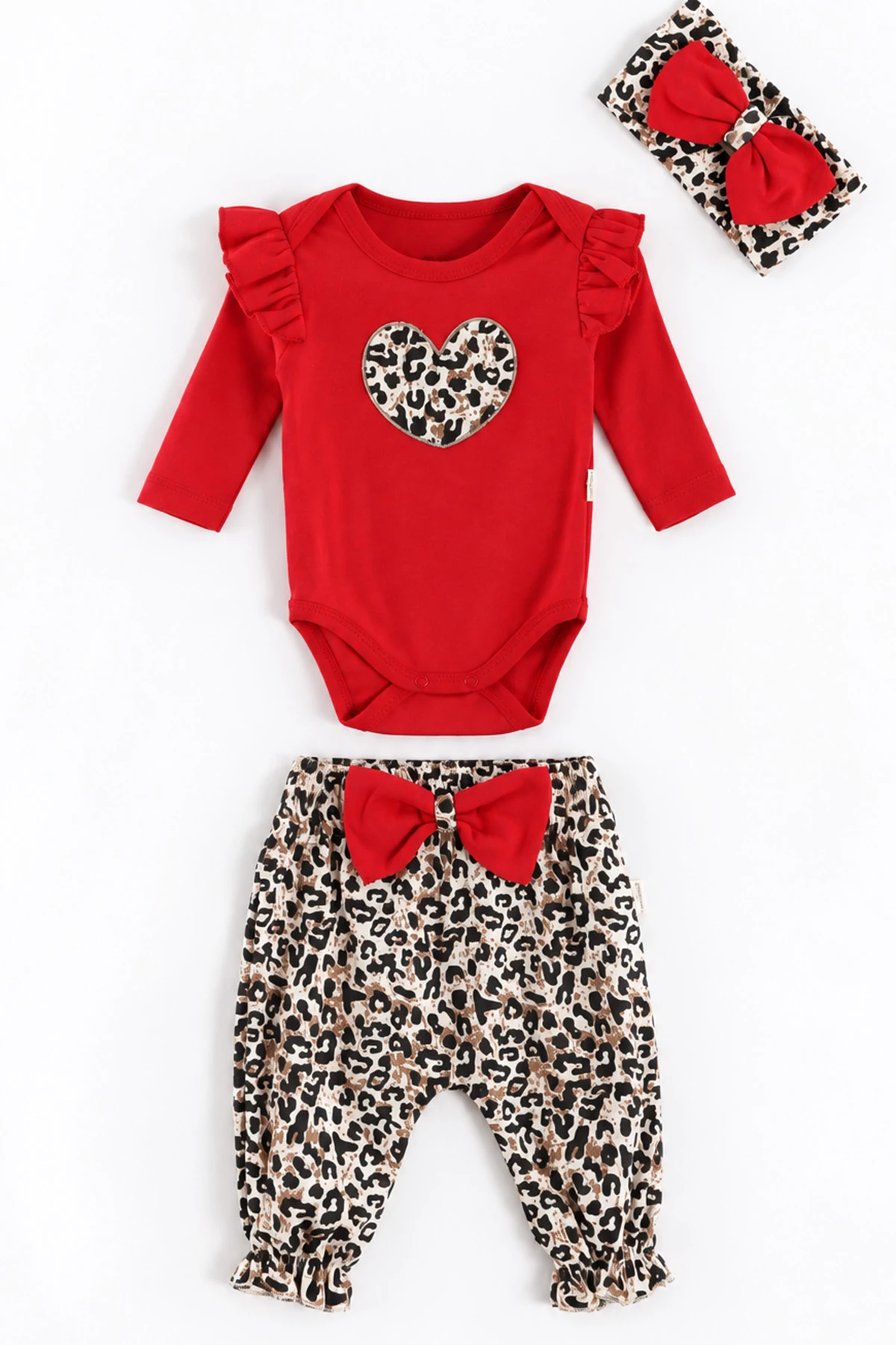 Kırmızı (3-12 Ay)Leopar Desenli Kalpli Çıtçıt Zıbınlı Kız Bebek 3'lü Takım 476009