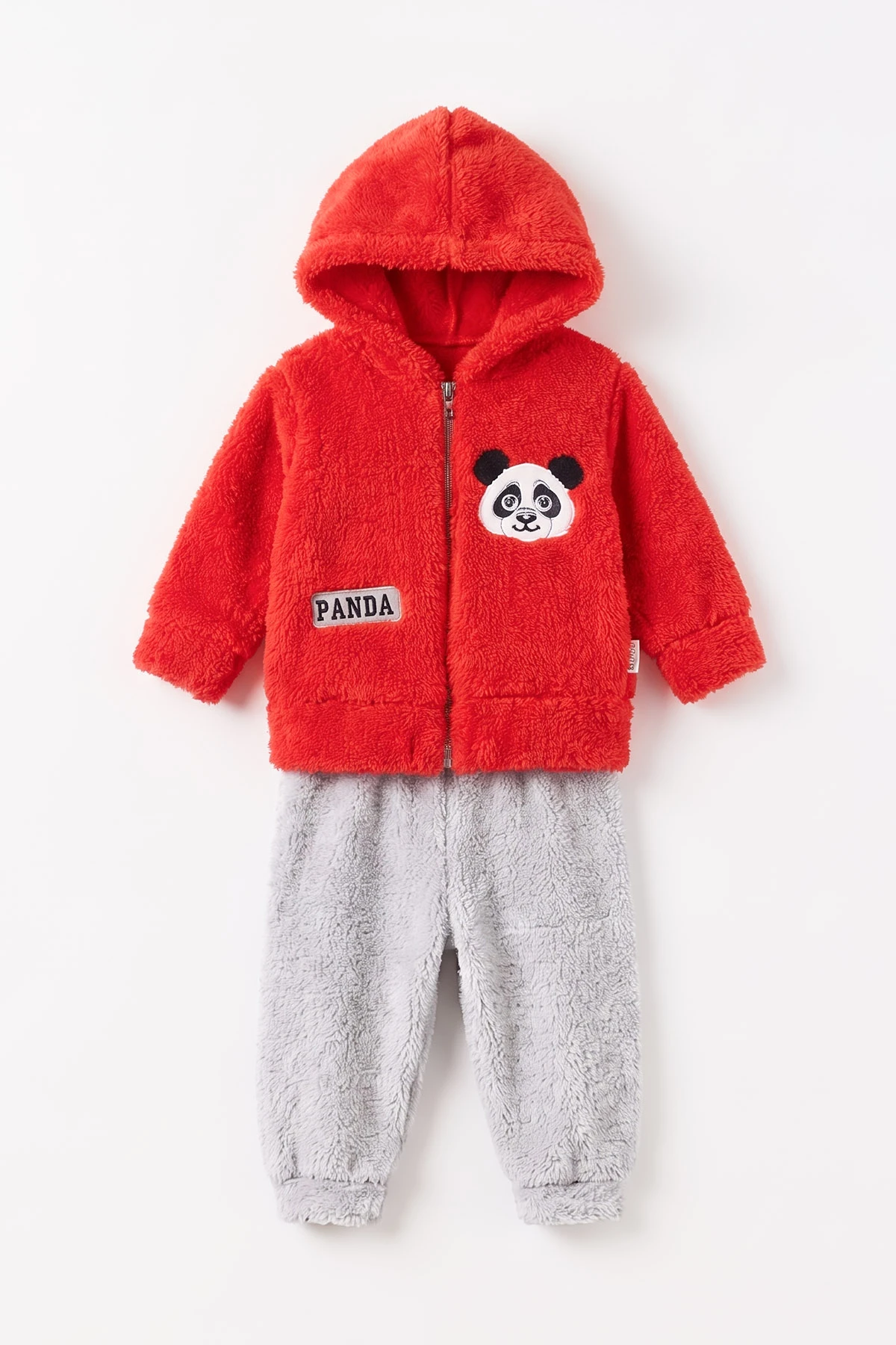 Kırmızı (3-24 Ay) Panda Nakışlı Fermuarlı ve Kapüşonlu Erkek Bebek Peluş Takım 497030