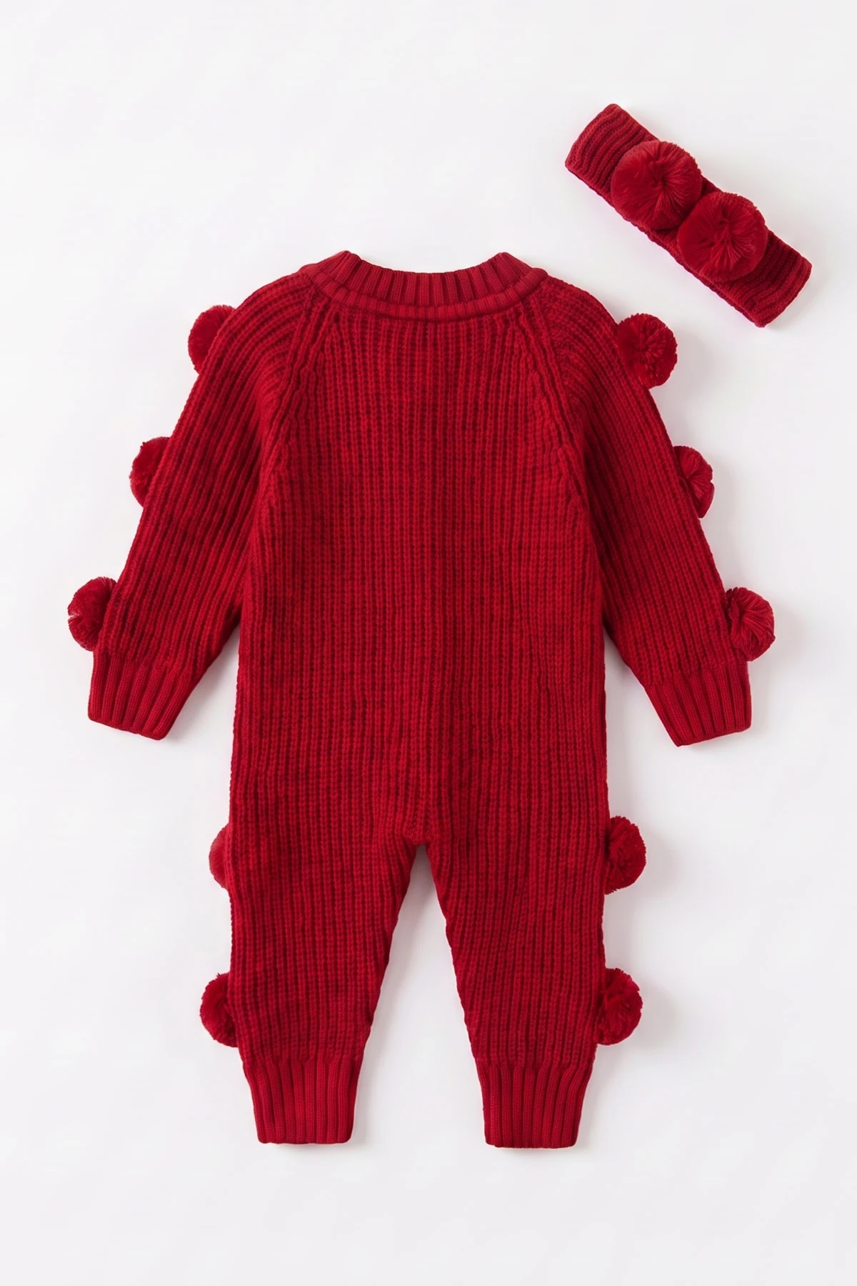 Kırmızı (3-24 Ay) Selanik Örgülü Ponponlu Bandana Aksesuarlı Kız Bebek Triko Tulum 474596