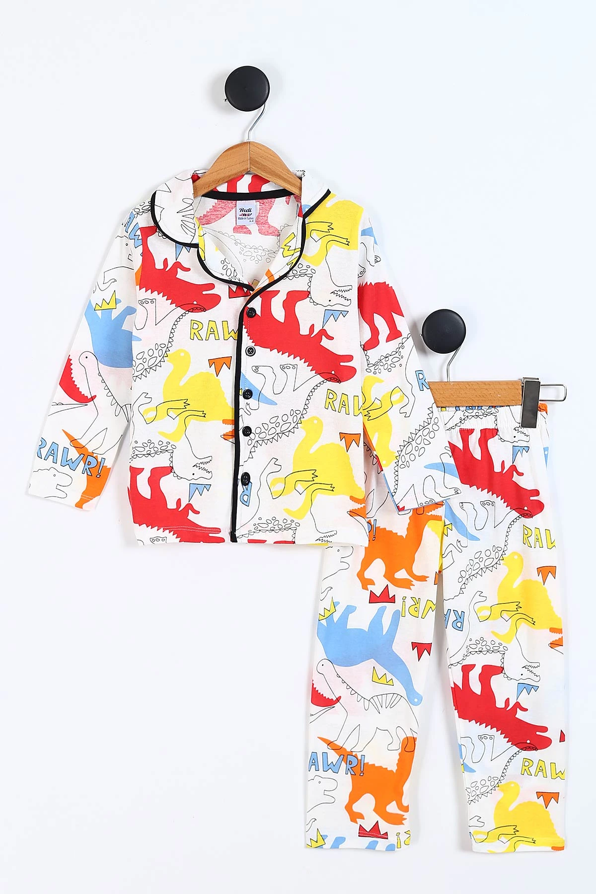 Kırmızı (3-8 Yaş)Rawr  Baskılı Ön Düğmeli Erkek Çocuk Pijama Takım 337871