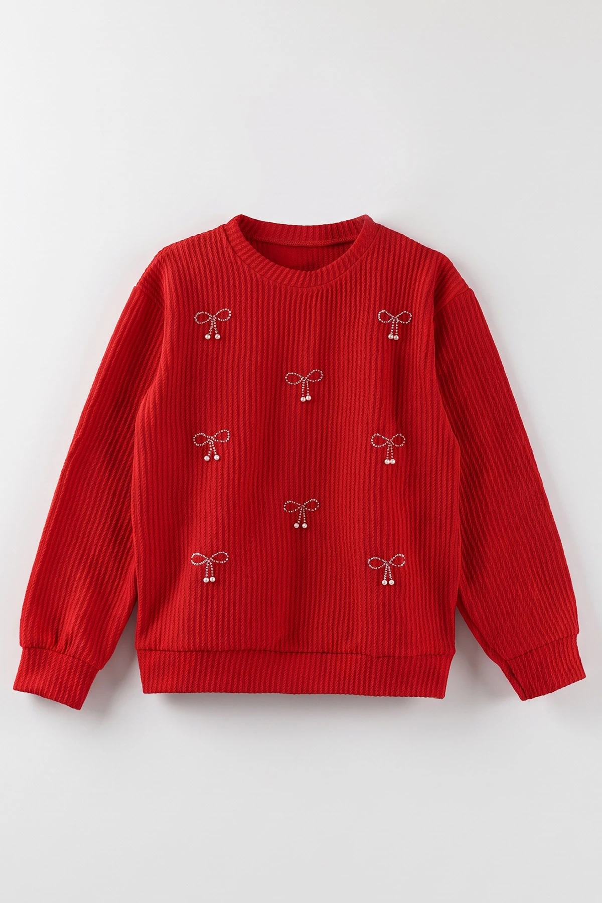 Kırmızı (4-12 Yaş) İncili Fiyonk Nakışlı Kız Çocuk Sweat 485496