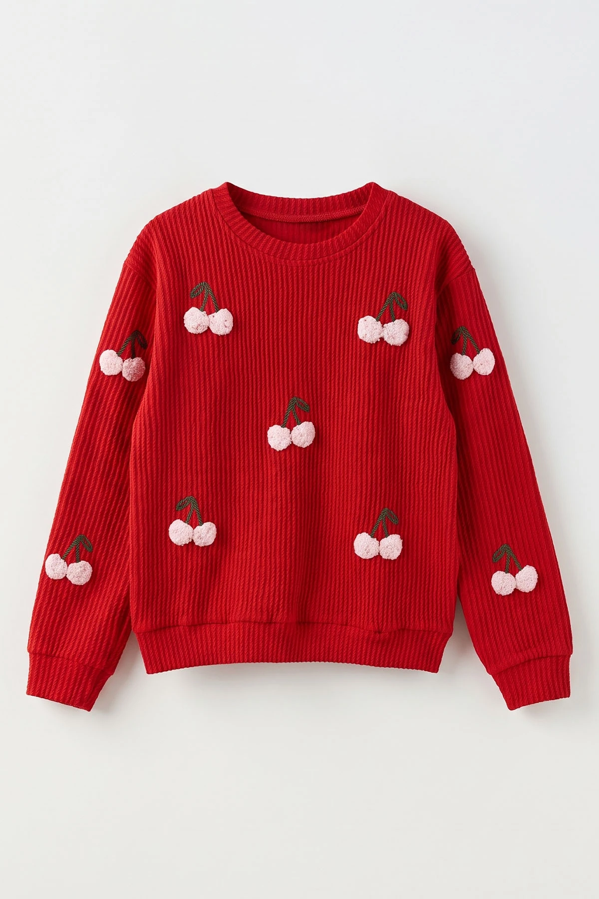 Kırmızı (4-12 Yaş) Süzene Kiraz Nakışlı Kız Çocuk Sweat 485484