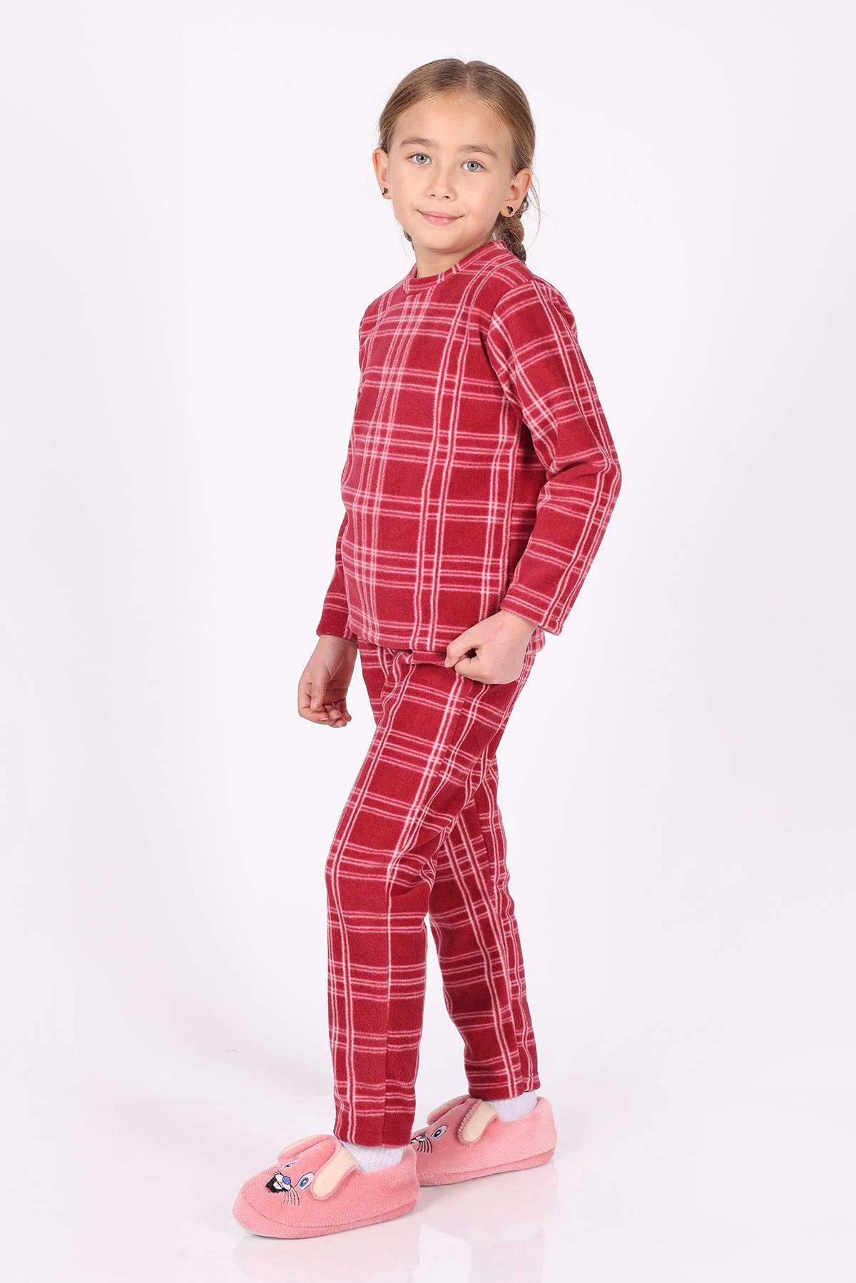 Kırmızı (4-12 Yaş)Çizgi  Desenli Polar Kumaş Kız Çocuk Pijama Takımı 327464