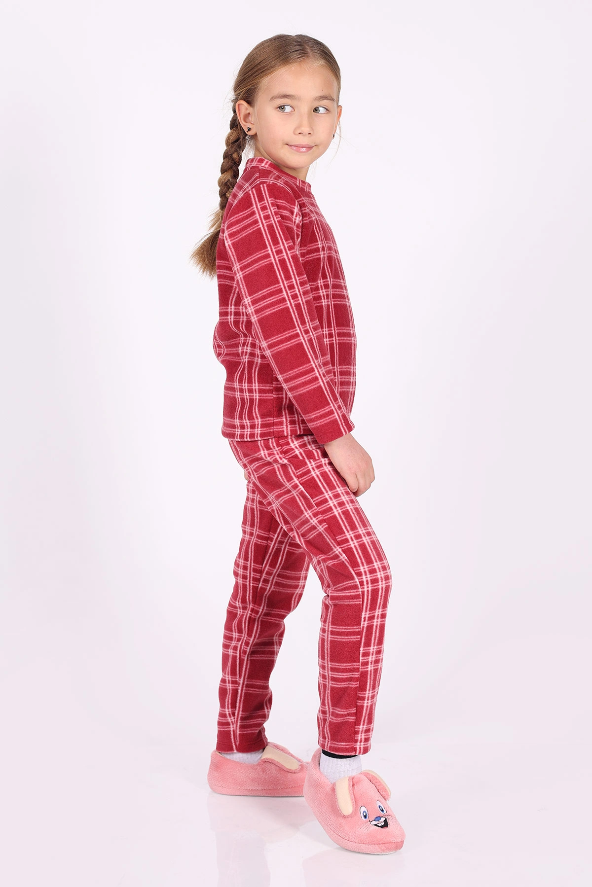 Kırmızı (4-12 Yaş)Çizgi  Desenli Polar Kumaş Kız Çocuk Pijama Takımı 327464