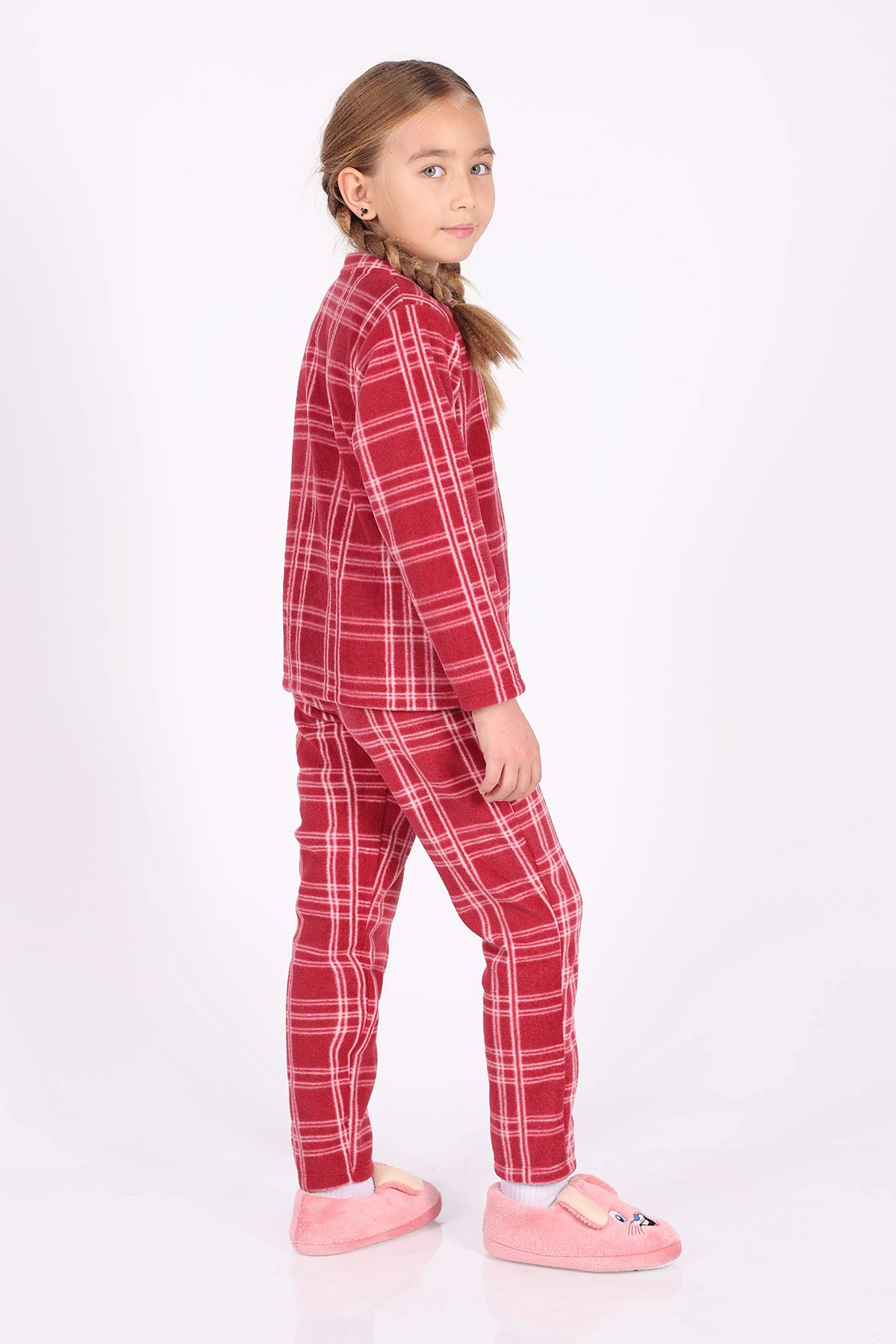 Kırmızı (4-12 Yaş)Çizgi  Desenli Polar Kumaş Kız Çocuk Pijama Takımı 327464