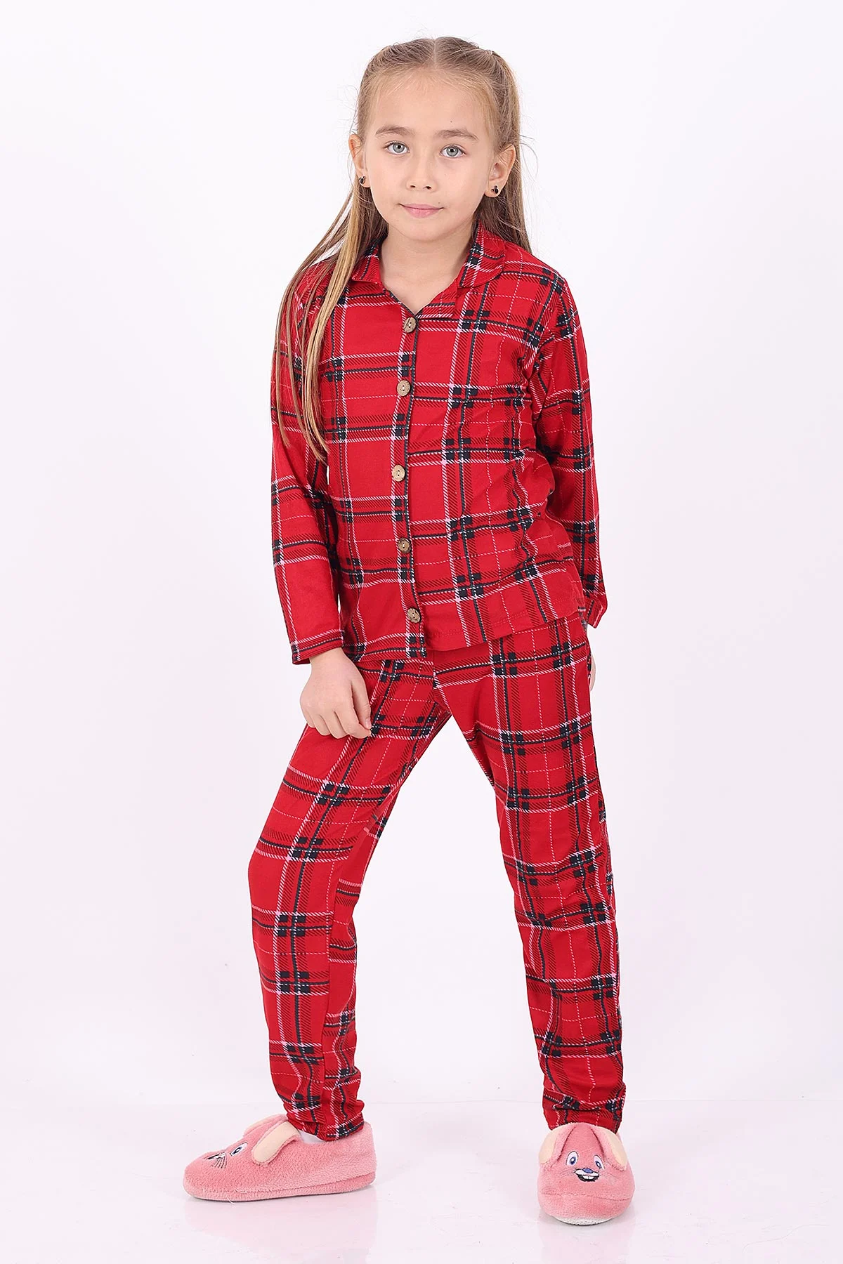 Kırmızı (4-12 Yaş)Ekose Desenli Düğmeli Kız Çocuk Pijama Takımı 329804