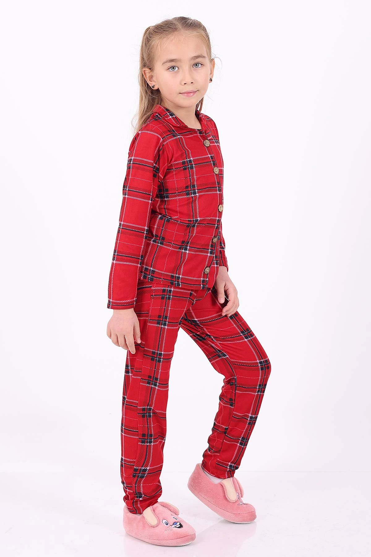 Kırmızı (4-12 Yaş)Ekose Desenli Düğmeli Kız Çocuk Pijama Takımı 329804
