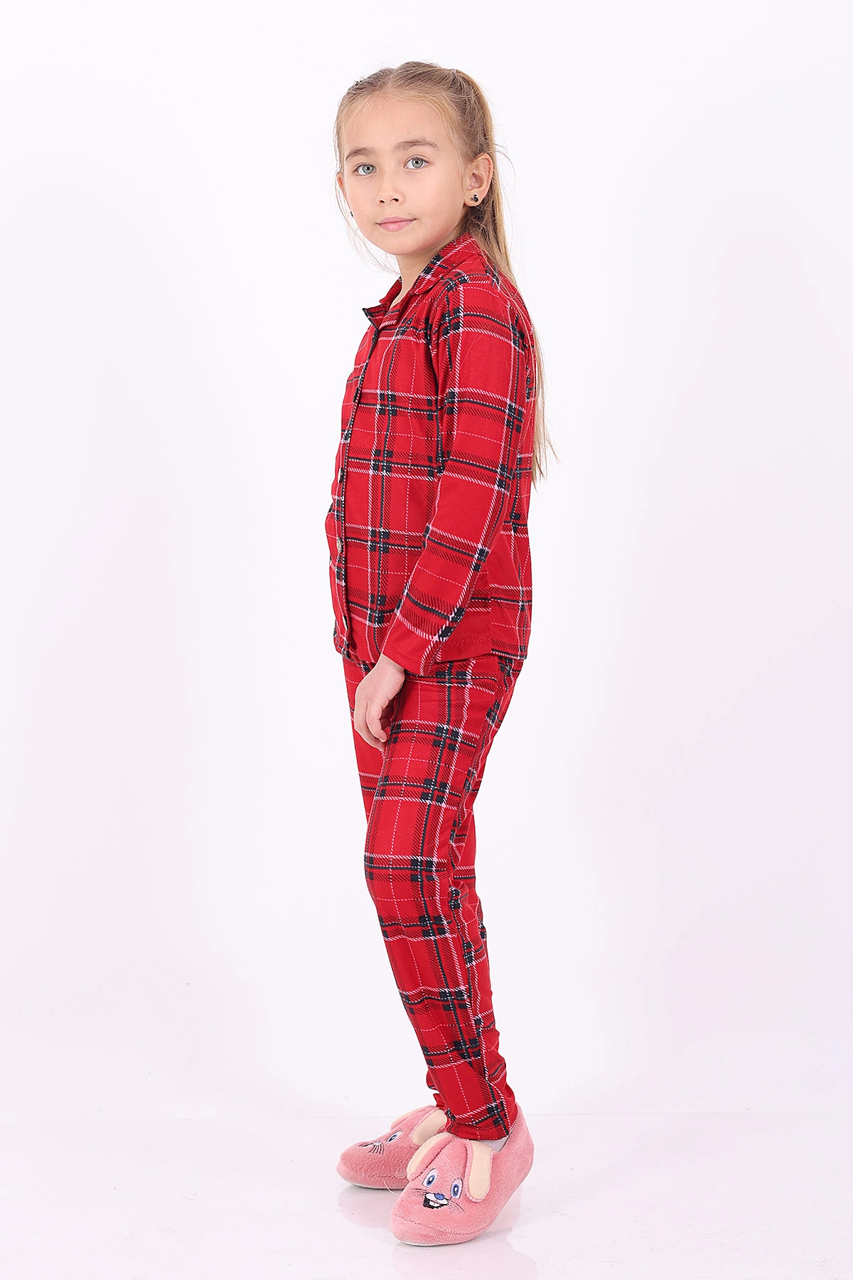 Kırmızı (4-12 Yaş)Ekose Desenli Düğmeli Kız Çocuk Pijama Takımı 329804