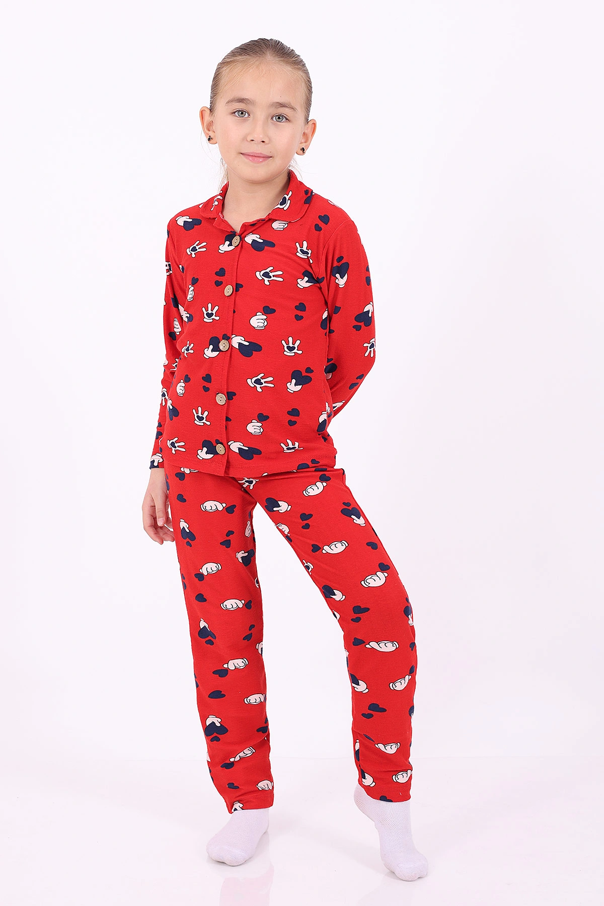 Kırmızı (4-12 Yaş)Kalp Desenli Düğmeli Kız Çocuk Pijama Takımı 329807