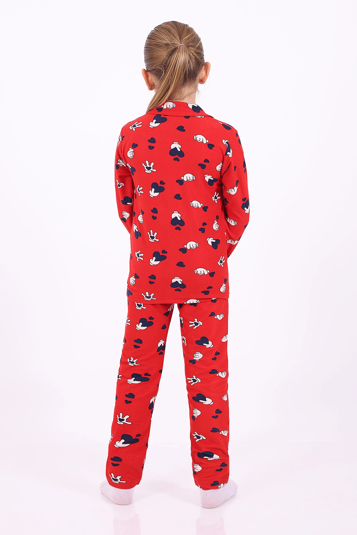 Kırmızı (4-12 Yaş)Kalp Desenli Düğmeli Kız Çocuk Pijama Takımı 329807