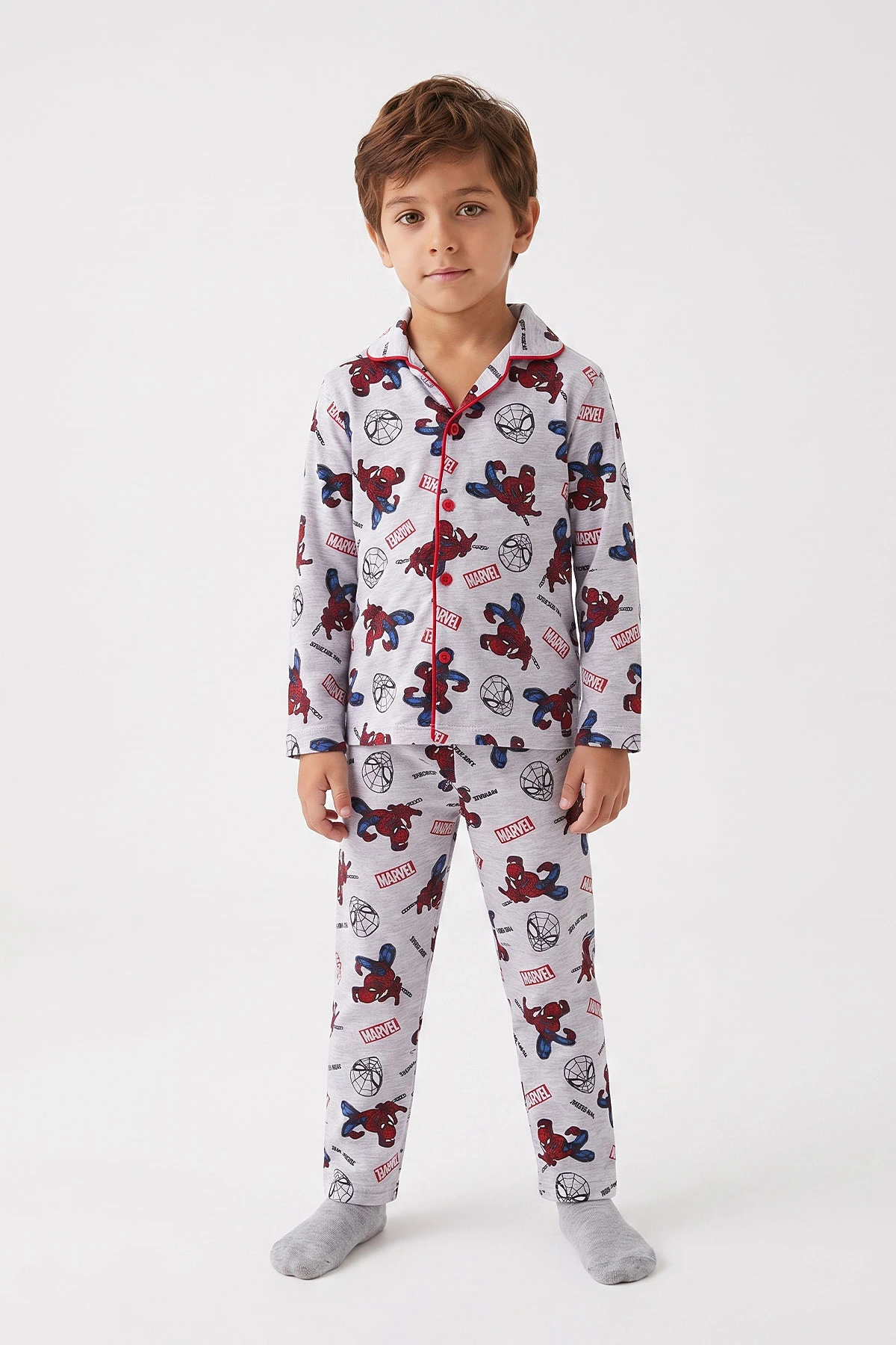 Kırmızı (4-12 Yaş)Karakter  Desenli   Uzun Kol  Ön Düğmeli  Erkek  Çocuk Pijama Takım 473672