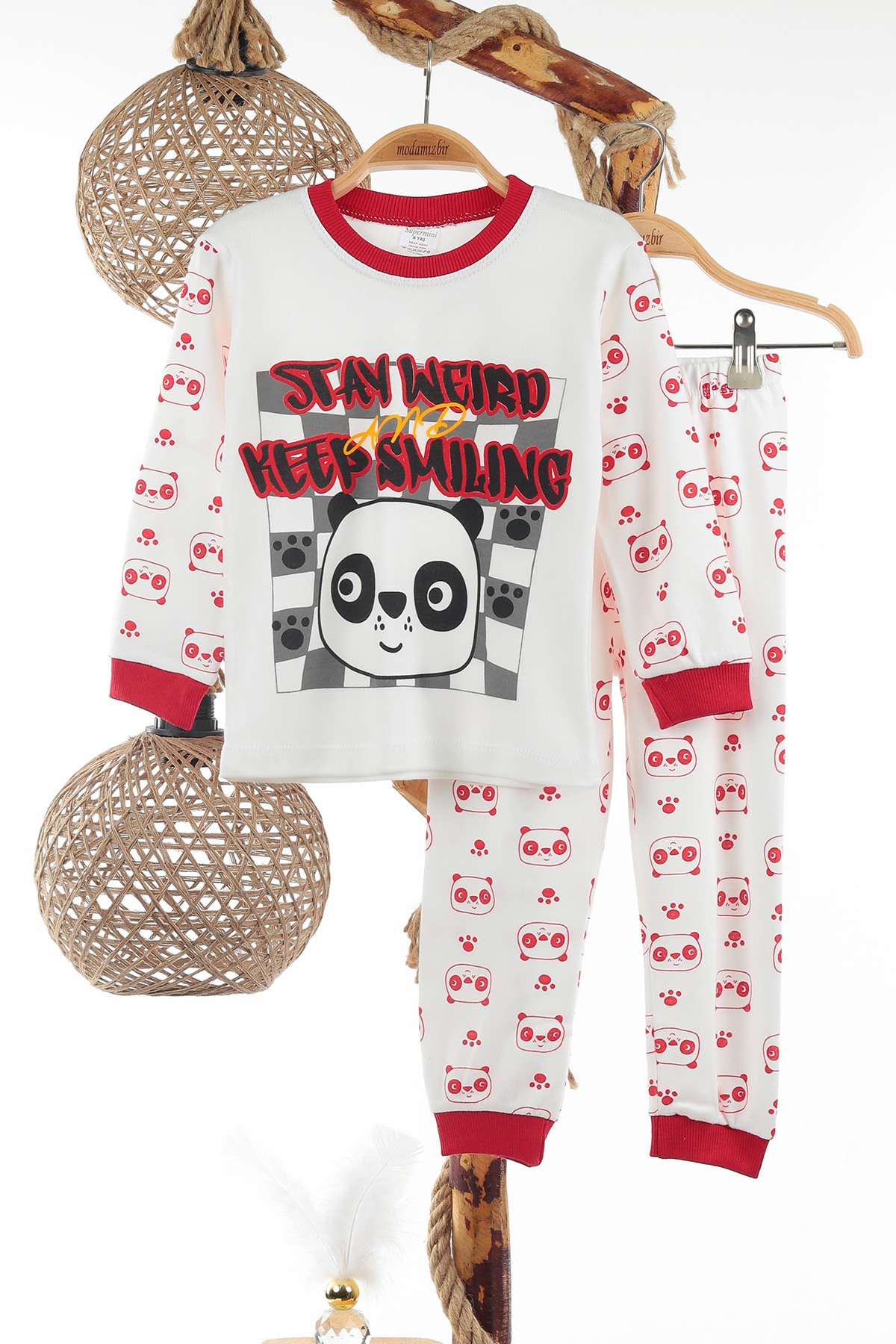 Kırmızı (4-6 Yaş) Sevimli Panda Baskılı Erkek Çocuk Pijama Takım 137326