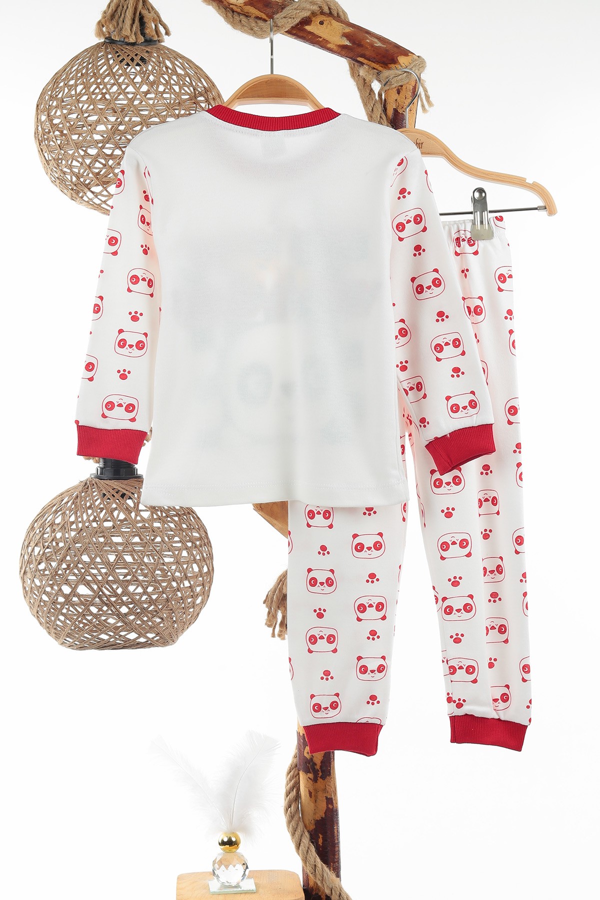 Kırmızı (4-6 Yaş) Sevimli Panda Baskılı Erkek Çocuk Pijama Takım 137326