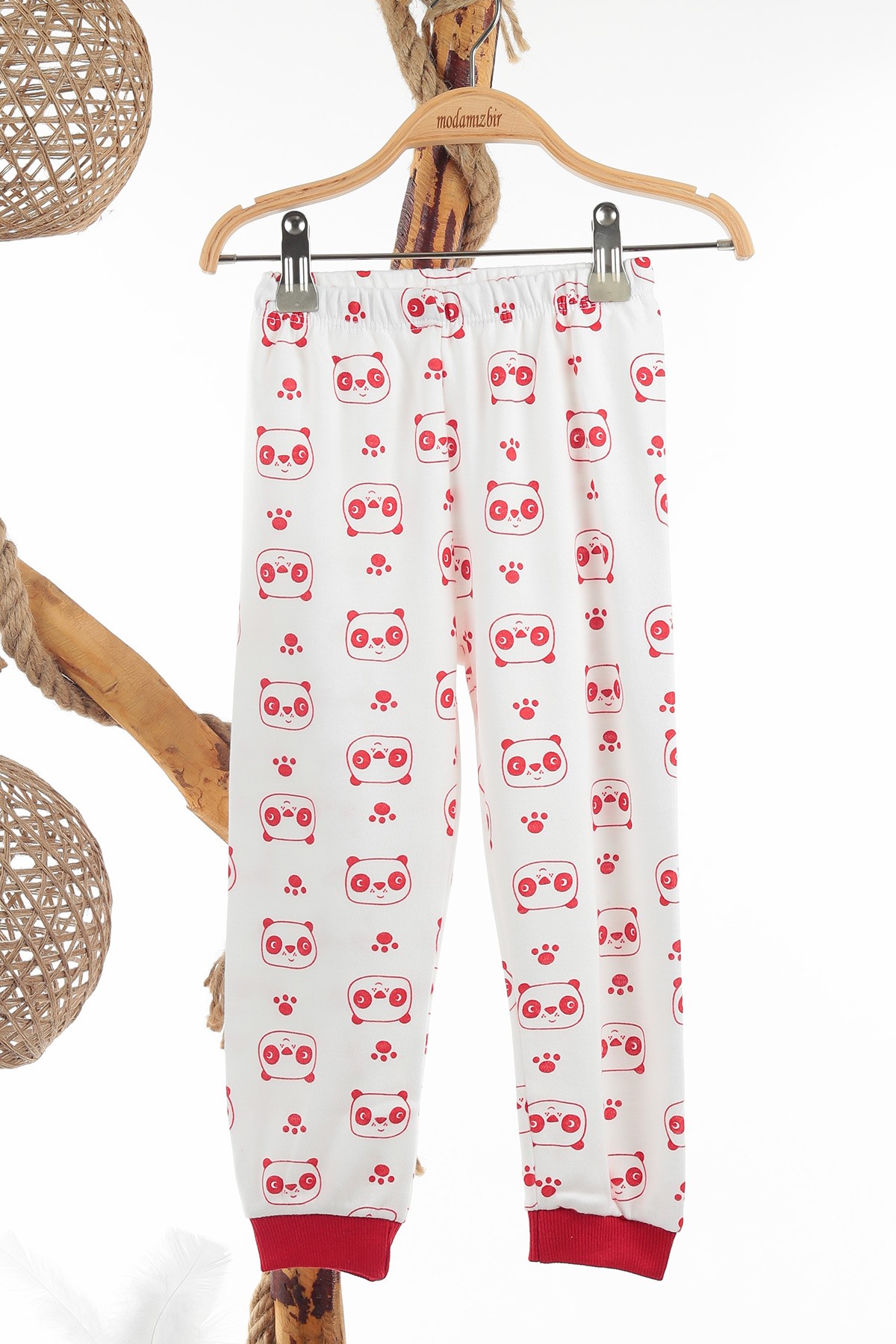 Kırmızı (4-6 Yaş) Sevimli Panda Baskılı Erkek Çocuk Pijama Takım 137326