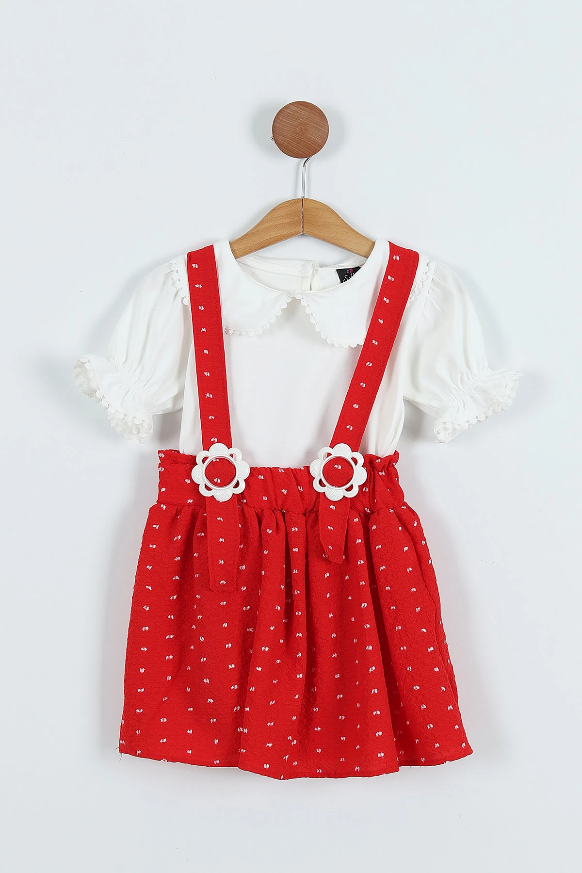 Kırmızı (4-8 Yaş) Papatya Tokalı Bebe Yaka Kız Çocuk Salopet Takım 276850