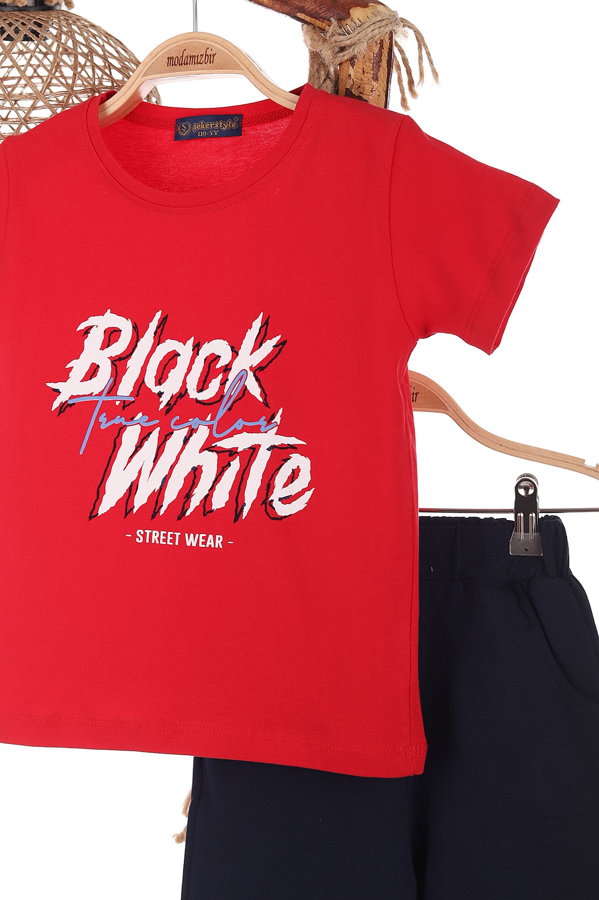Kırmızı (5-8 Yaş) Black White Baskılı Şortlu Erkek Çocuk Takım 170163