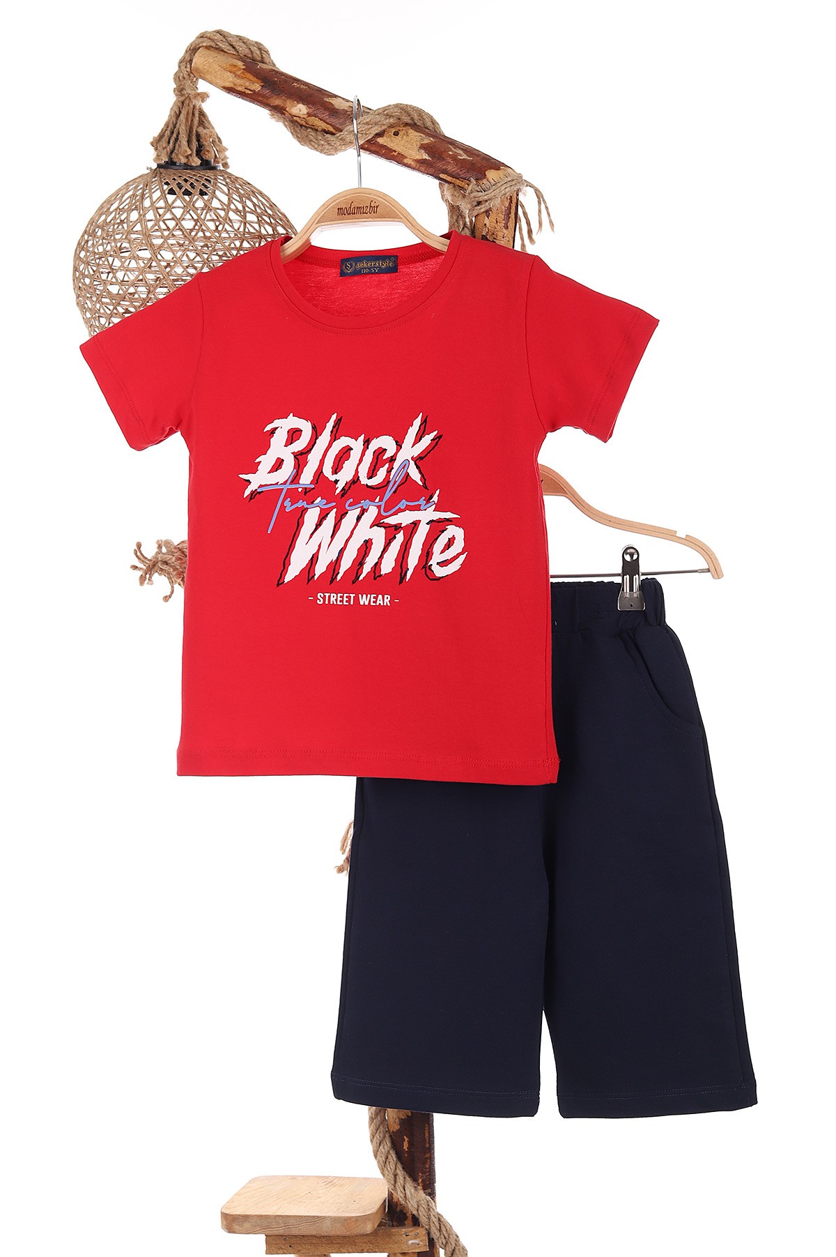 Kırmızı (5-8 Yaş) Black White Baskılı Şortlu Erkek Çocuk Takım 170163