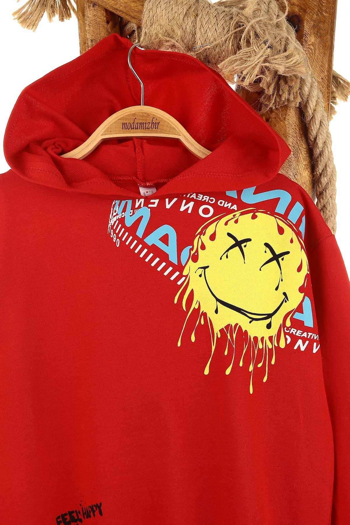 Kırmızı (5-8 Yaş) Feel Happy Baskılı Kapüşonlu  Mevsimlik Erkek Çocuk Sweat 157154