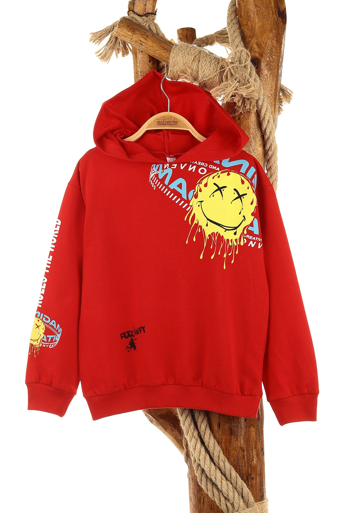 Kırmızı (5-8 Yaş) Feel Happy Baskılı Kapüşonlu  Mevsimlik Erkek Çocuk Sweat 157154