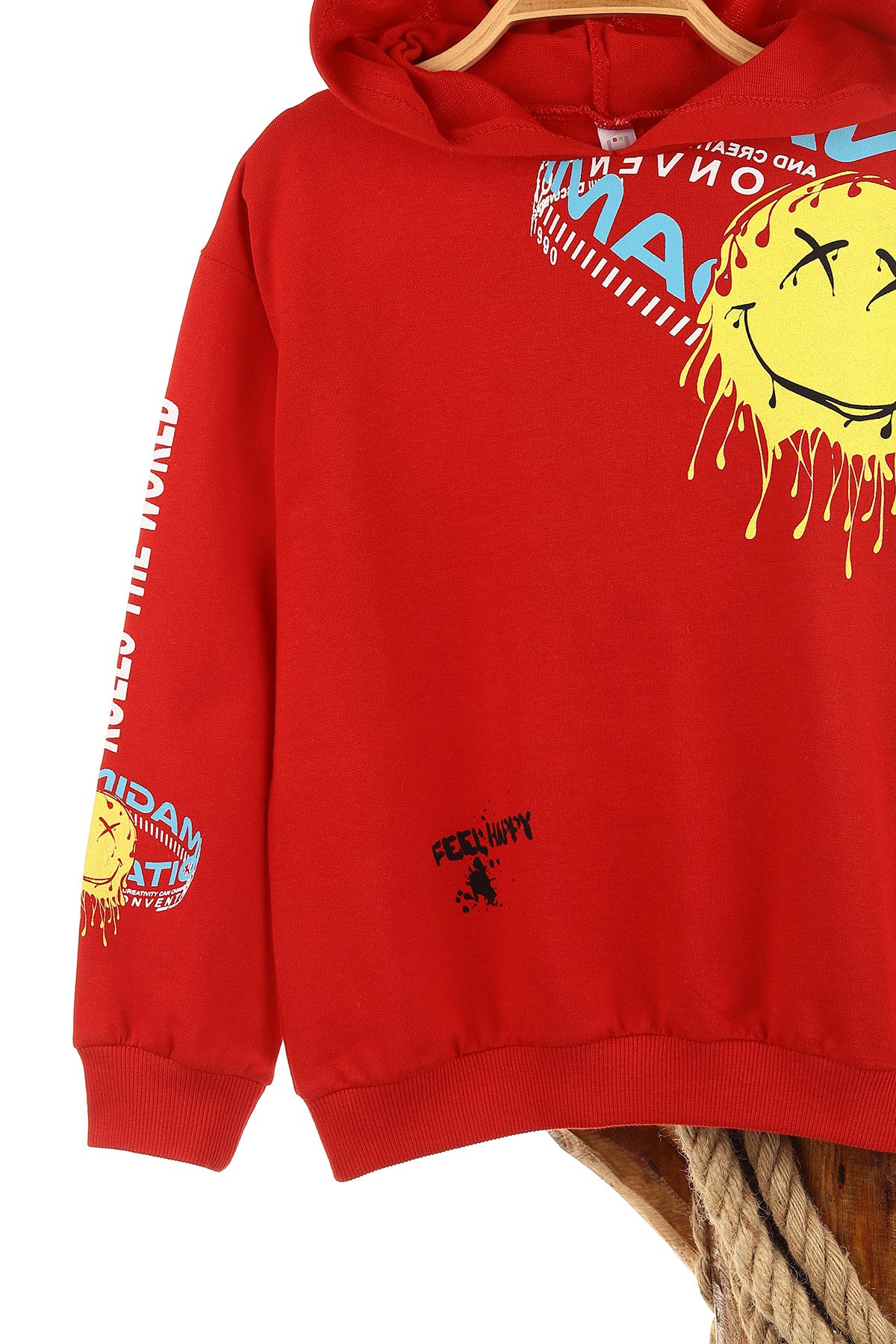 Kırmızı (5-8 Yaş) Feel Happy Baskılı Kapüşonlu  Mevsimlik Erkek Çocuk Sweat 157154