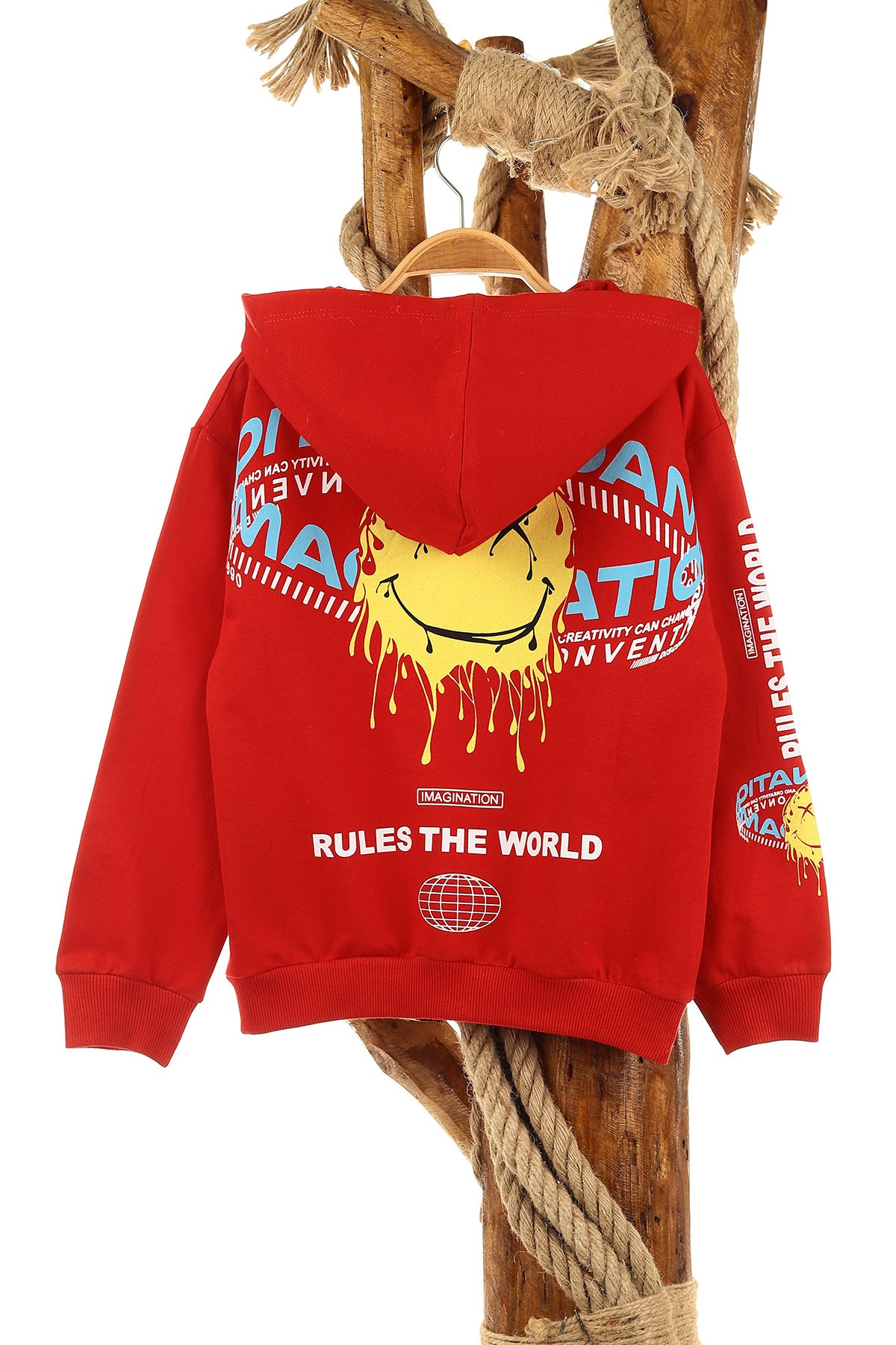 Kırmızı (5-8 Yaş) Feel Happy Baskılı Kapüşonlu  Mevsimlik Erkek Çocuk Sweat 157154