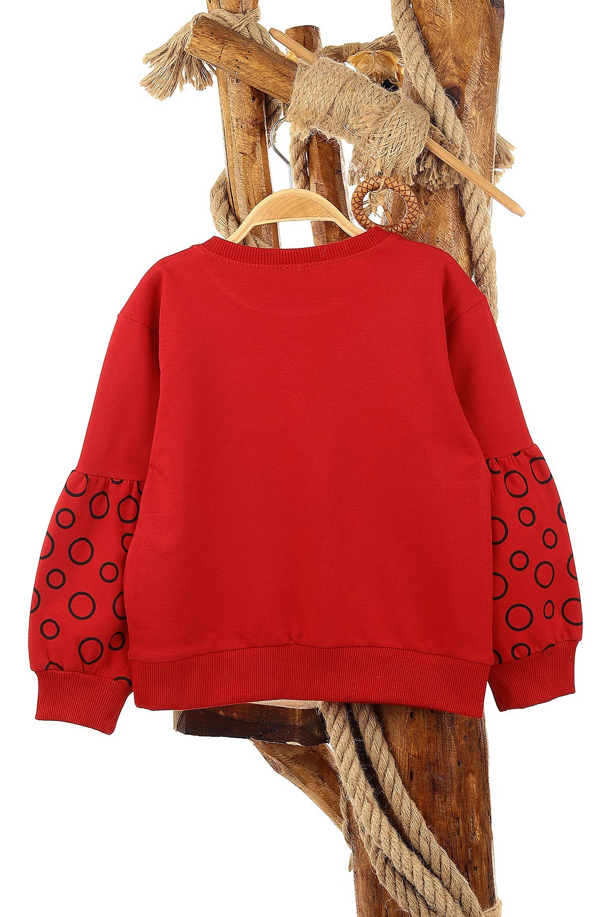 Kırmızı (5-8 Yaş) Kolu Halka Baskılı İki İp Şardonlu Kız Çocuk Sweat 151571