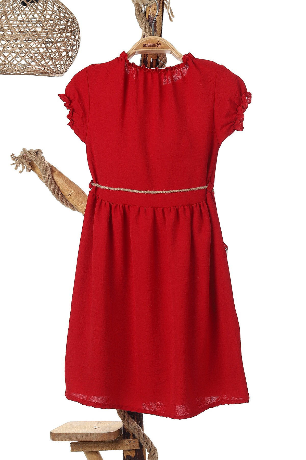 Kırmızı (6-10 Yaş) Cep Şeritli Boyun Kol Lastikli Bel Bağlamalı Kız Çocuk Elbise 165438