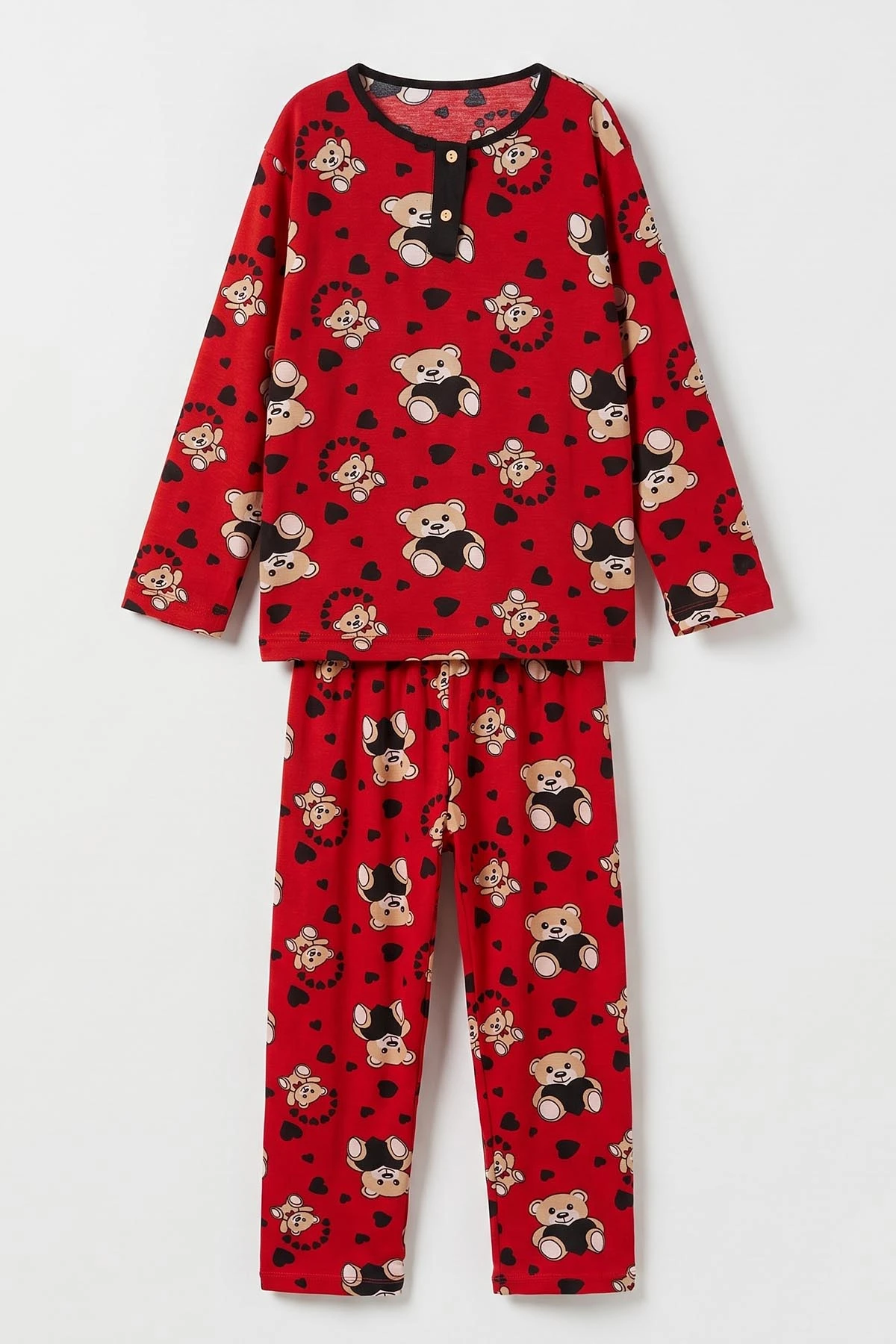 Kırmızı (6-14 Yaş) Desenli Yakadan Yarım Düğmeli  Süprem Kumaş Kız Çocuk Pijama Takımı 487217