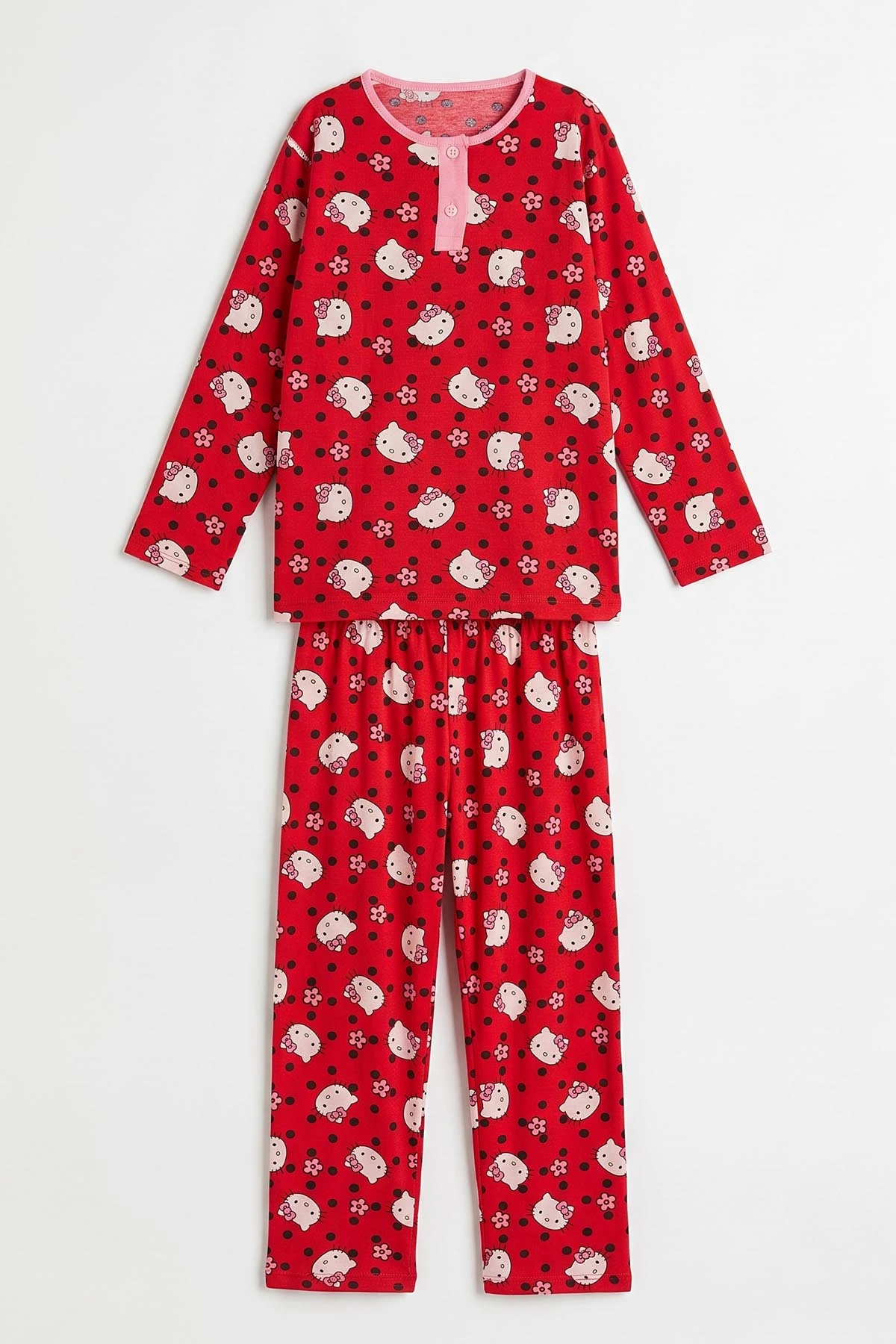 Kırmızı (6-14 Yaş) Desenli Yakadan Yarım Düğmeli  Süprem Kumaş Kız Çocuk Pijama Takımı 487220