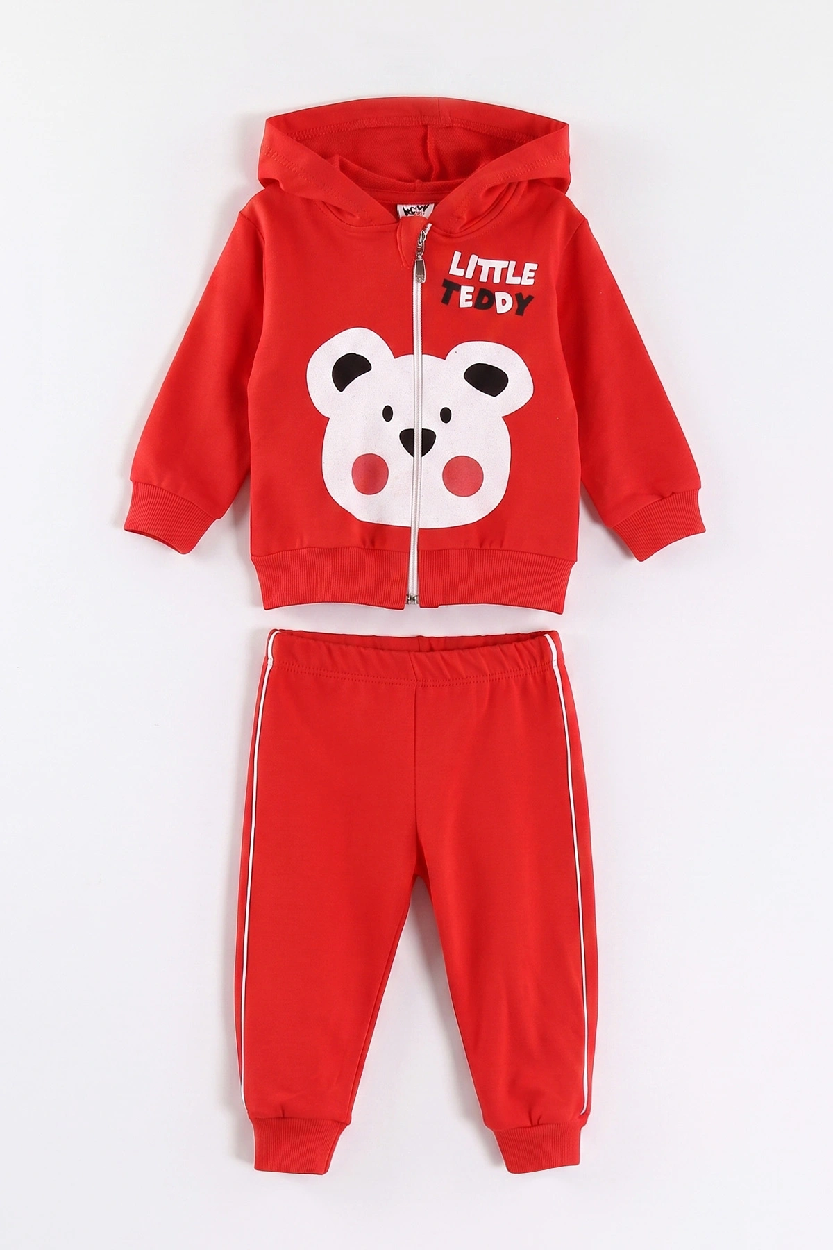 Kırmızı (6-24 Ay) Little Teddy Baskılı Kapüşonlu Fermuarlı Erkek Bebek Takım 473148