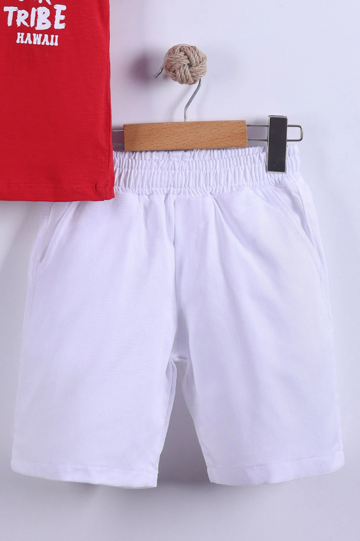 Kırmızı (7-11 Yaş) Surf Tribe Baskılı Gömlek Yaka Tişörtlü   Gabardin  Şortlu Erkek Çocuk Yazlık Takım 441758