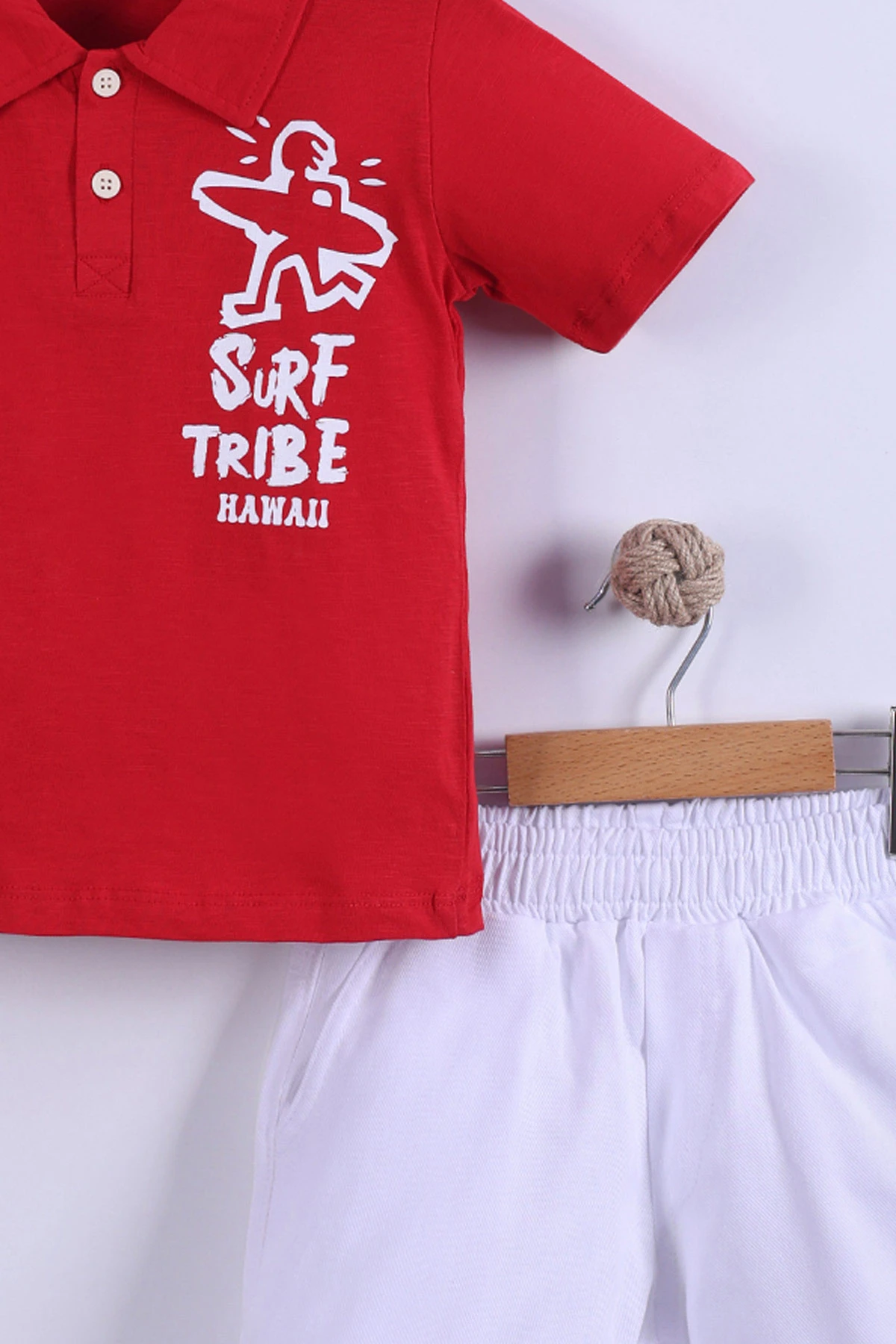 Kırmızı (7-11 Yaş) Surf Tribe Baskılı Gömlek Yaka Tişörtlü   Gabardin  Şortlu Erkek Çocuk Yazlık Takım 441758