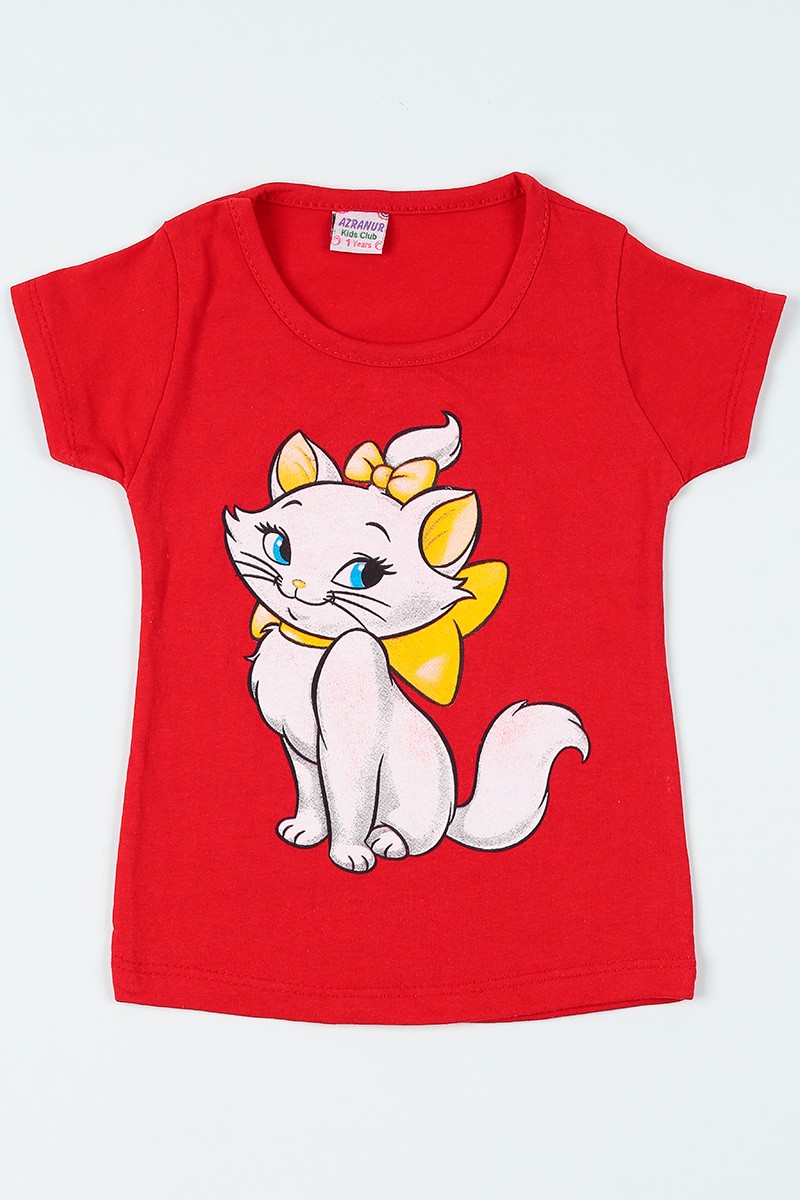 Kırmızı (7-12 yaş) Sevimli Kedi Baskılı Kız Çocuk Tişört 108363