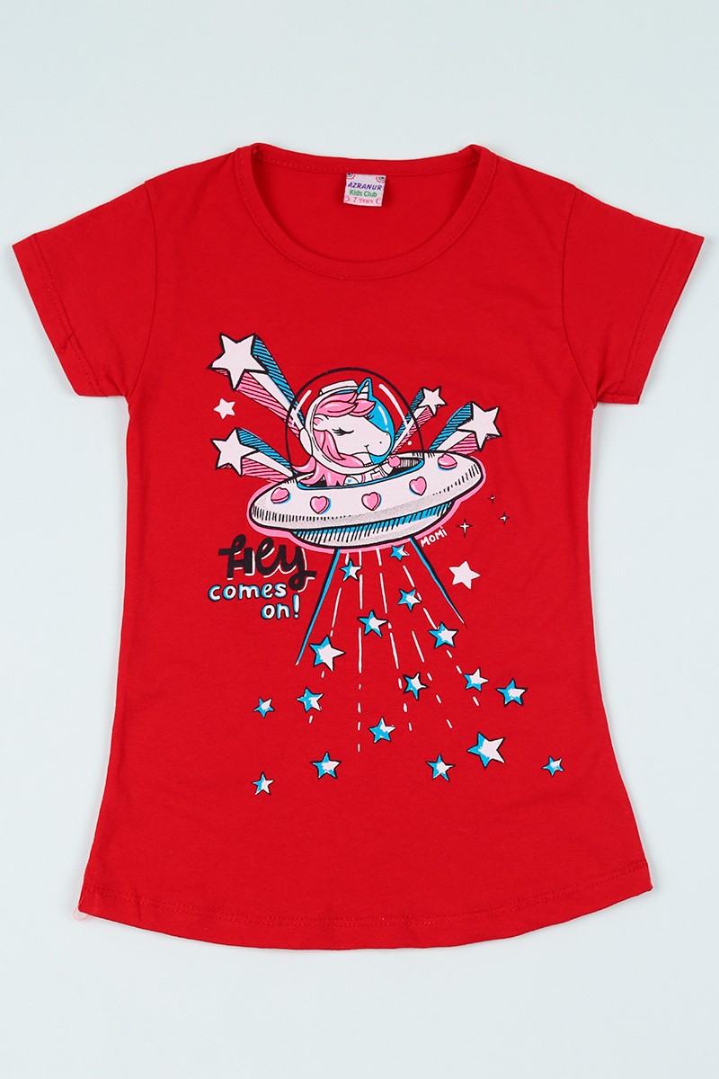 Kırmızı (7-12 yaş) Uzaylı At Baskılı Kız Çocuk Tişört 107005