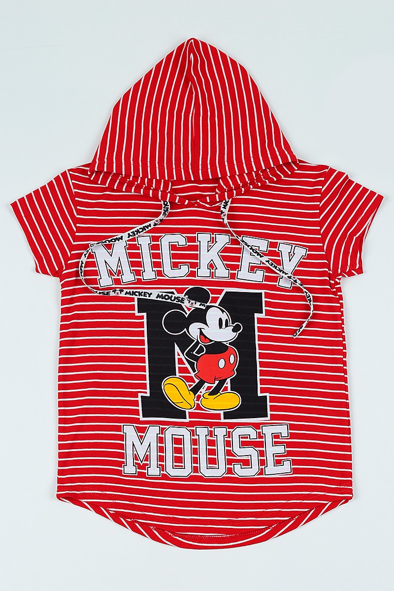 Kırmızı (9-12 yaş) Kapşonlu Mickey Mouse Baskılı Kız Çocuk Tişört 105687