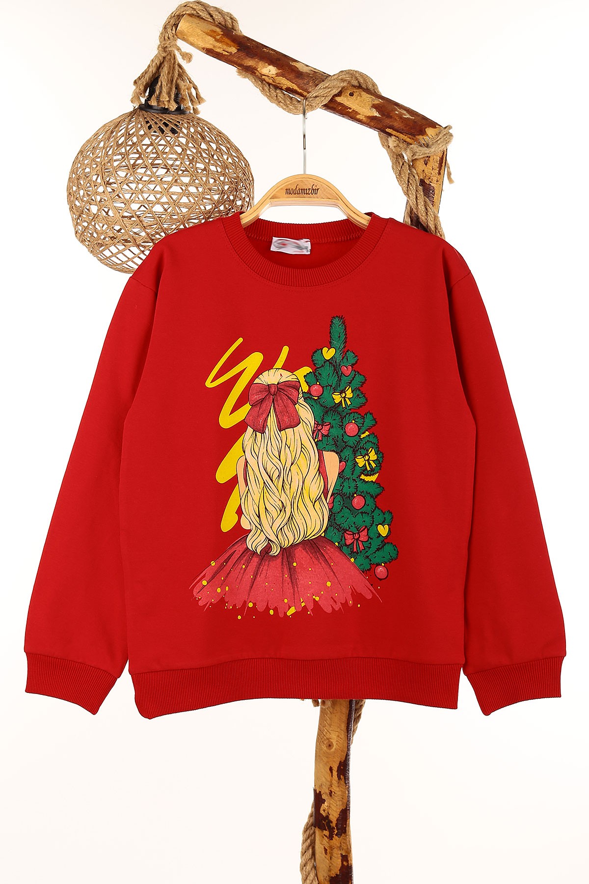 Kırmızı (9-12 Yaş) Noel Ağaç Baskılı  İki İp Şardonlu Kız Çocuk Sweat 149086