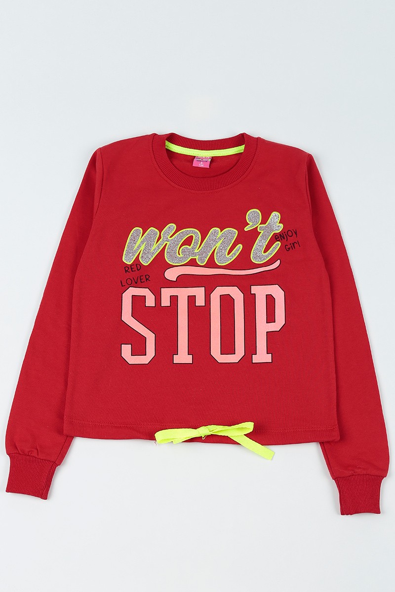 Kırmızı (9-12 Yaş) Stop Baskılı Belden Sıkmalı Kız Çocuk Sweatshirt 92907